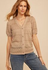 Textured Short Sleeve Button Front Cardigan, COBBLESTONE, small