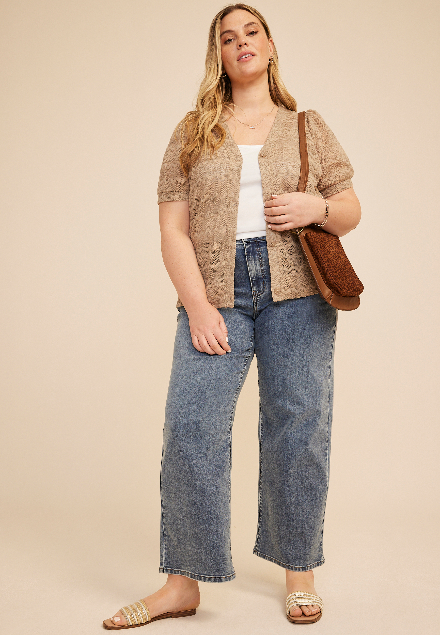 Plus Size Textured Short Sleeve Button Front Cardigan