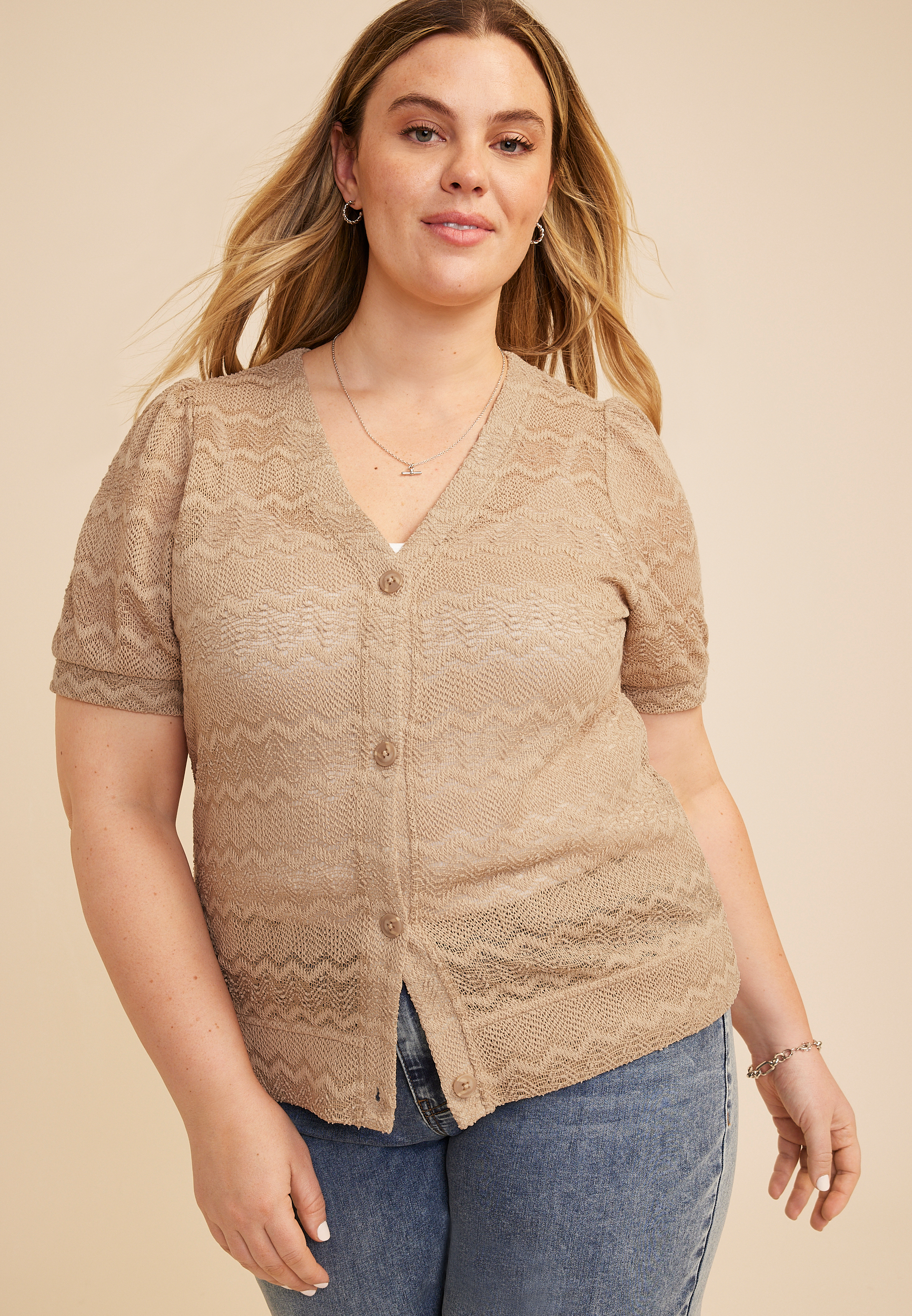 Plus Size Textured Short Sleeve Button Front Cardigan, C8714, large