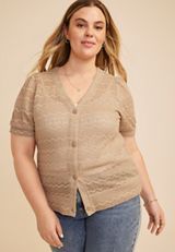 Plus Size Textured Short Sleeve Button Front Cardigan, C8714, small