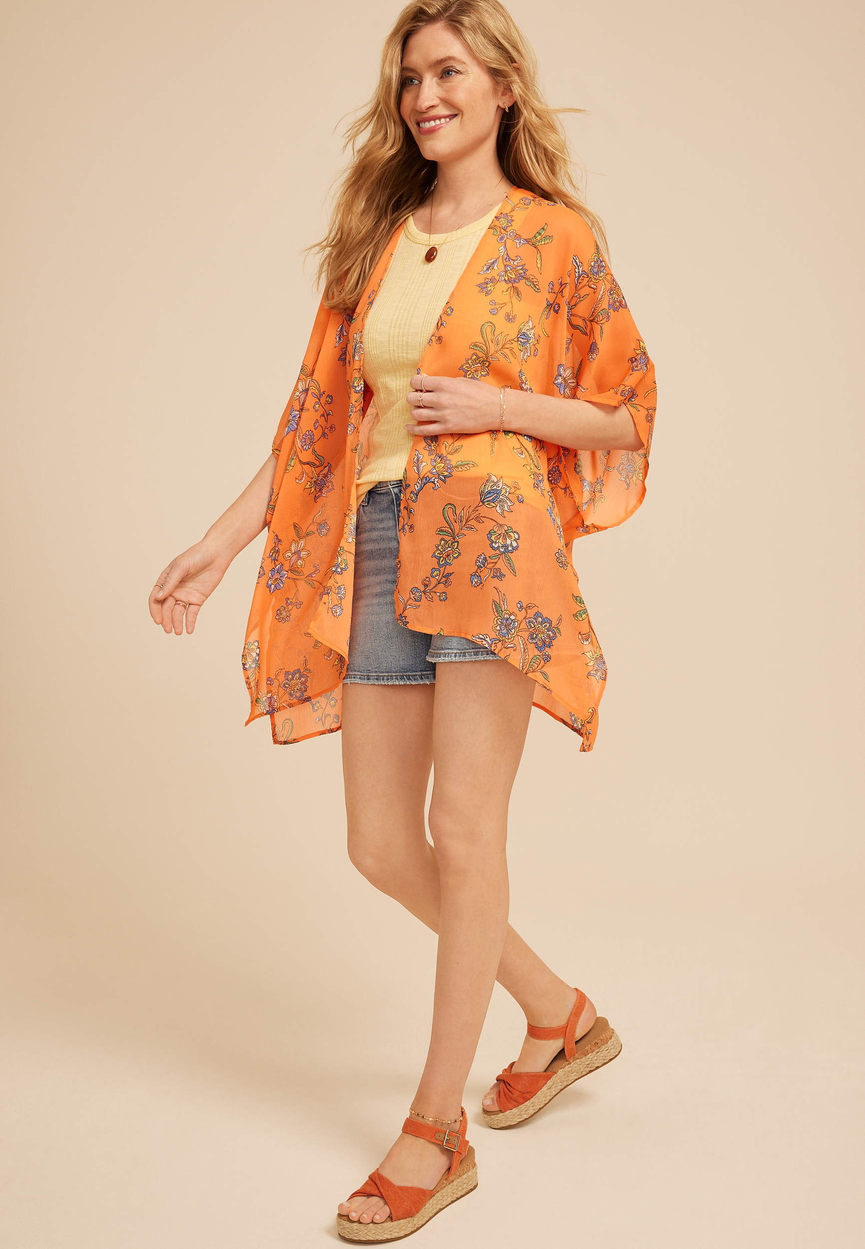 Orange Floral Open Front Kimono