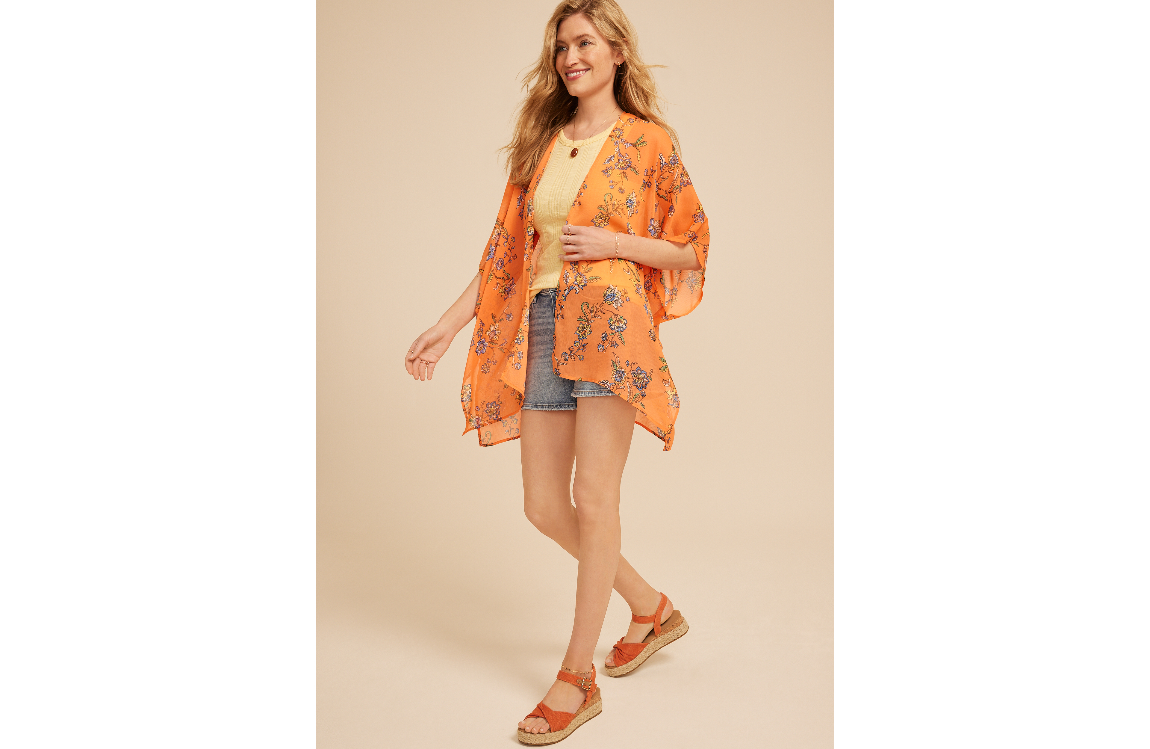 Orange Floral Open Front Kimono