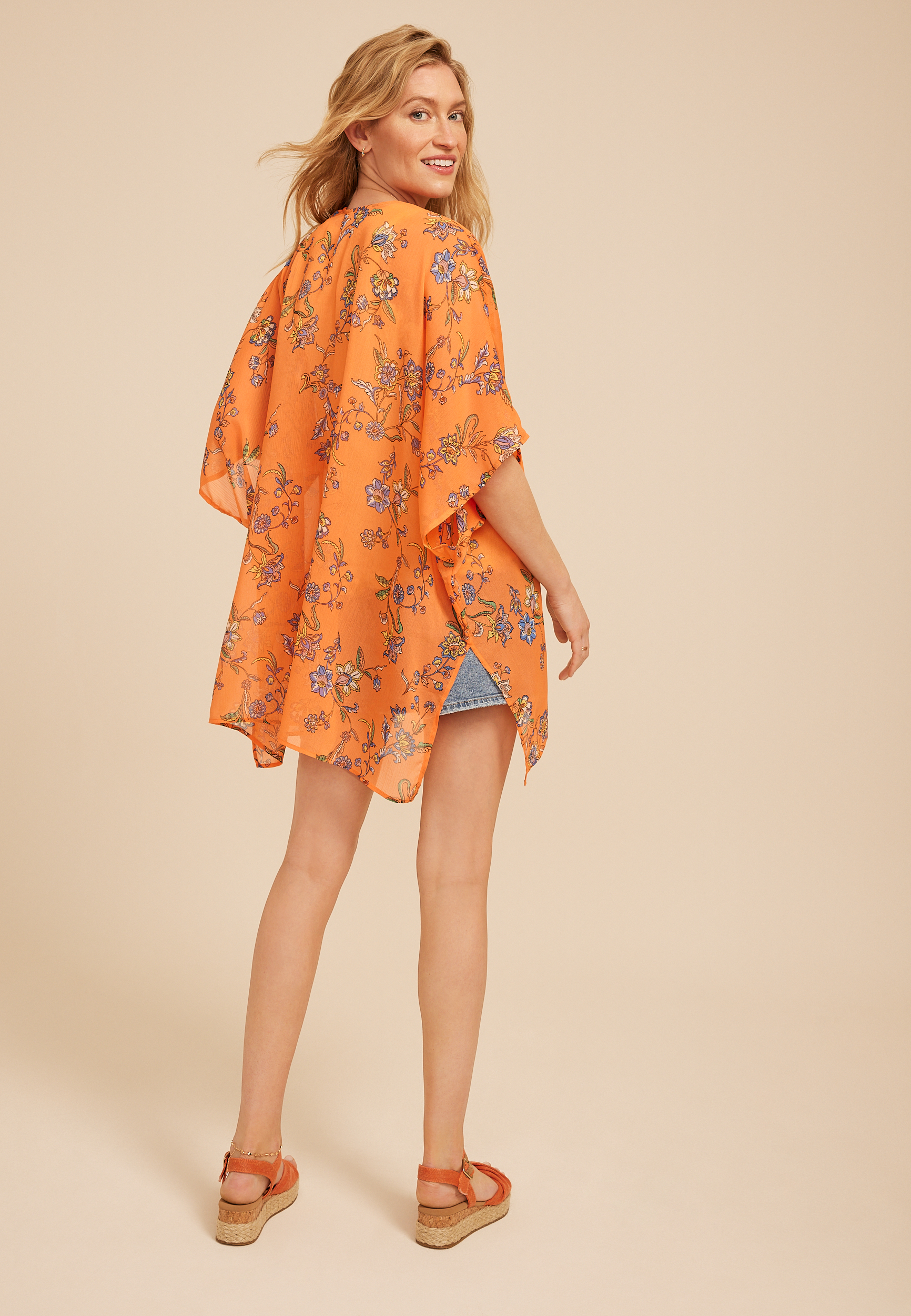 Orange Floral Open Front Kimono, C4748, large