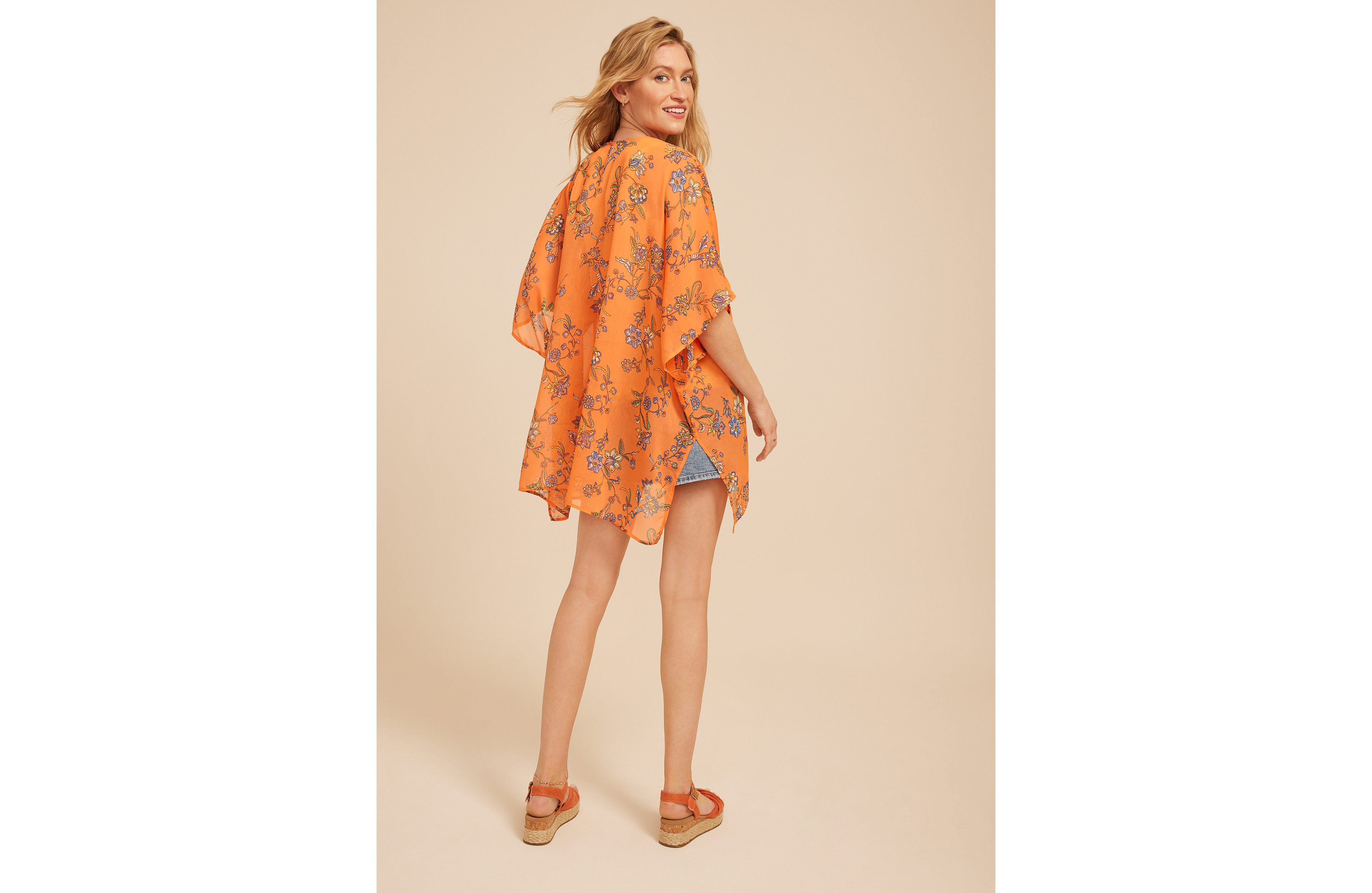 Orange Floral Open Front Kimono