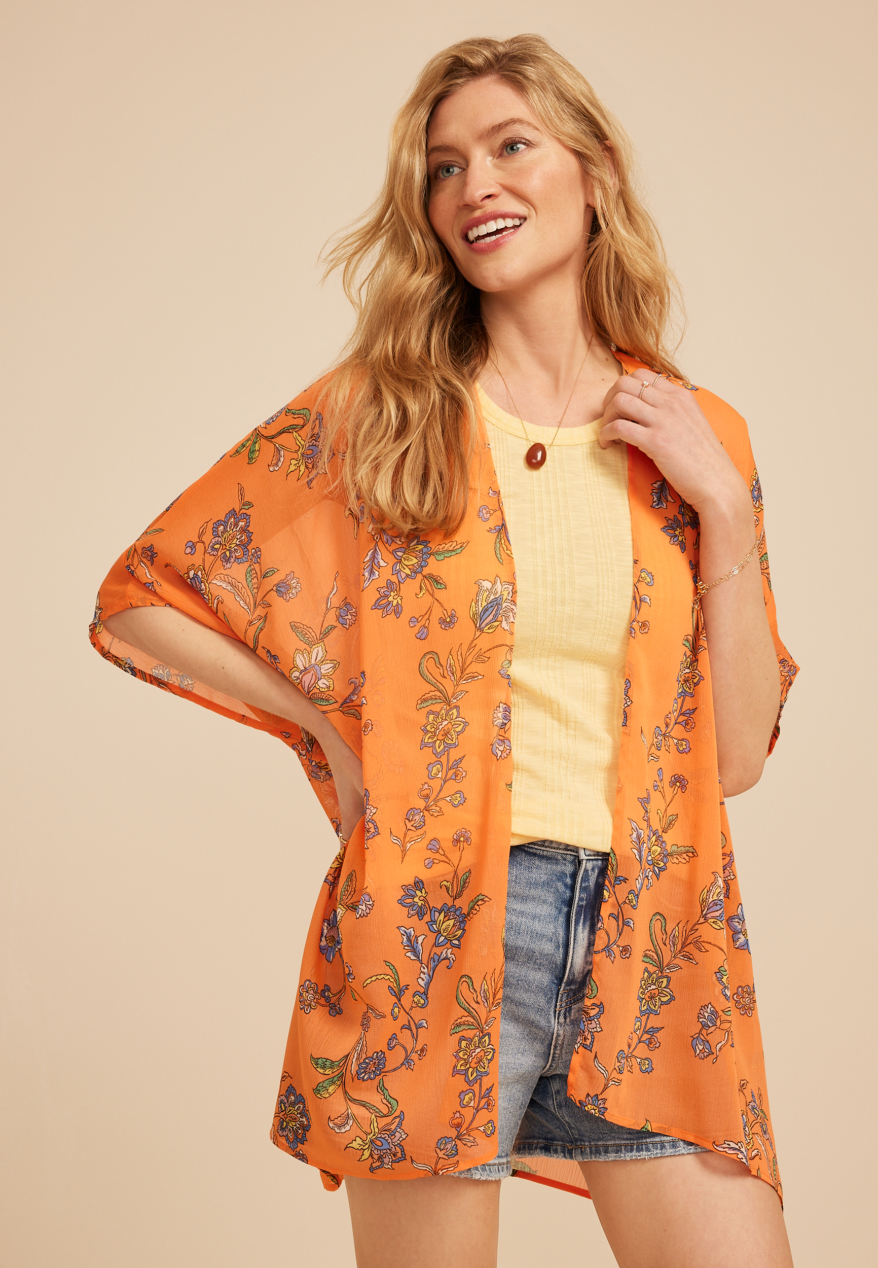 Orange Floral Open Front Kimono, C4748, large