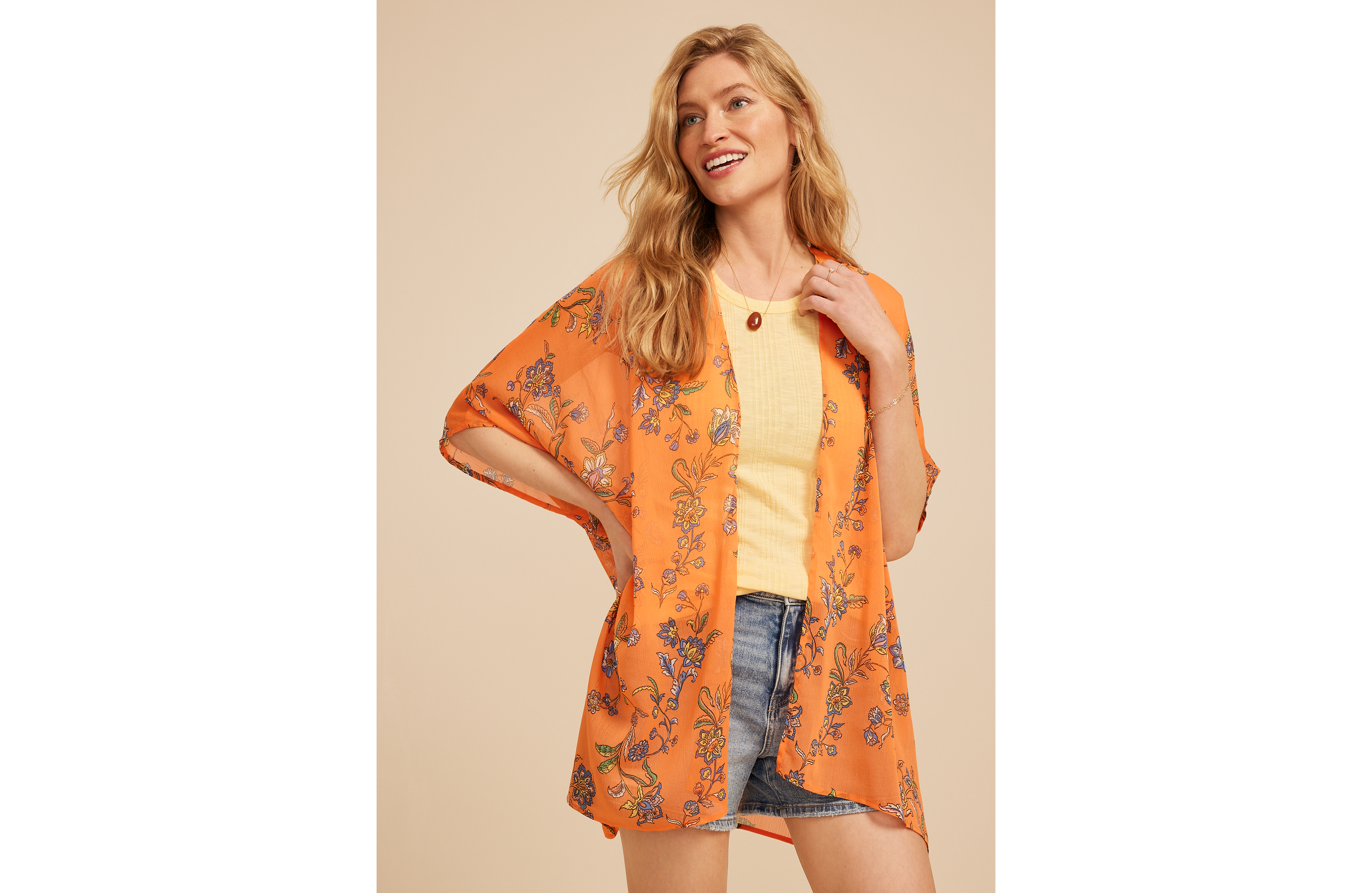 Orange Floral Open Front Kimono