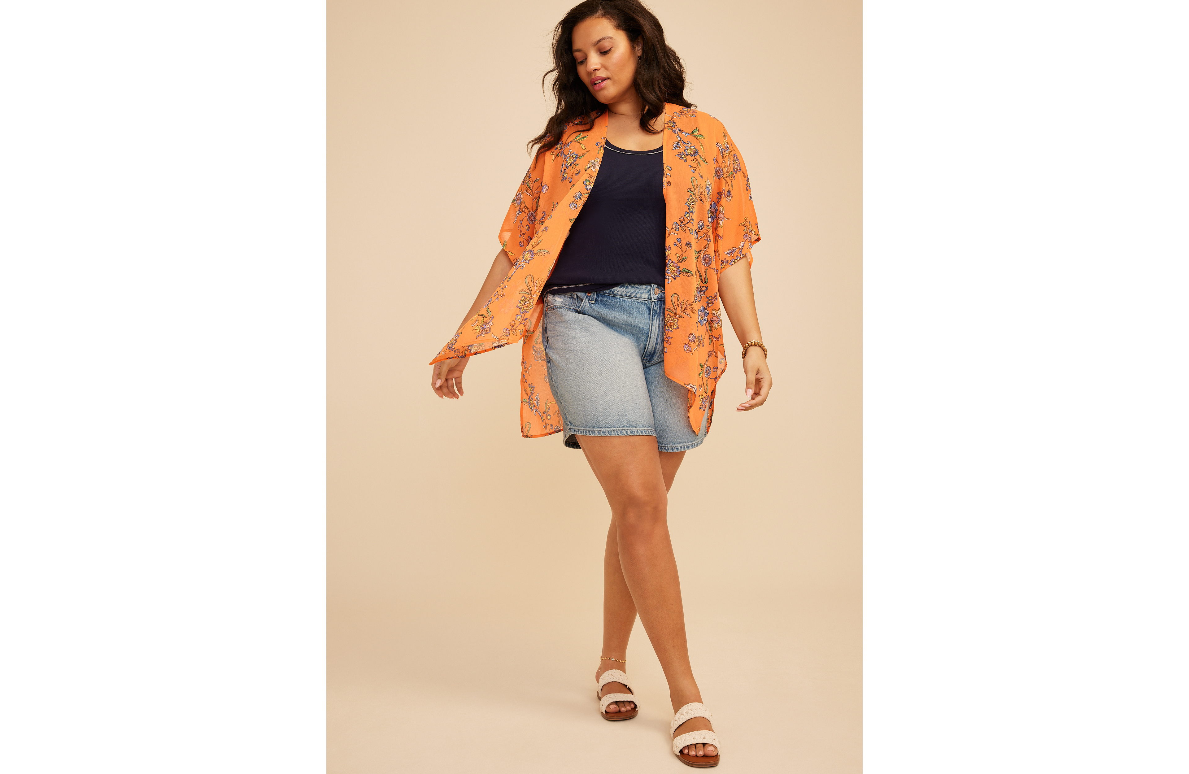 Orange Floral Open Front Kimono