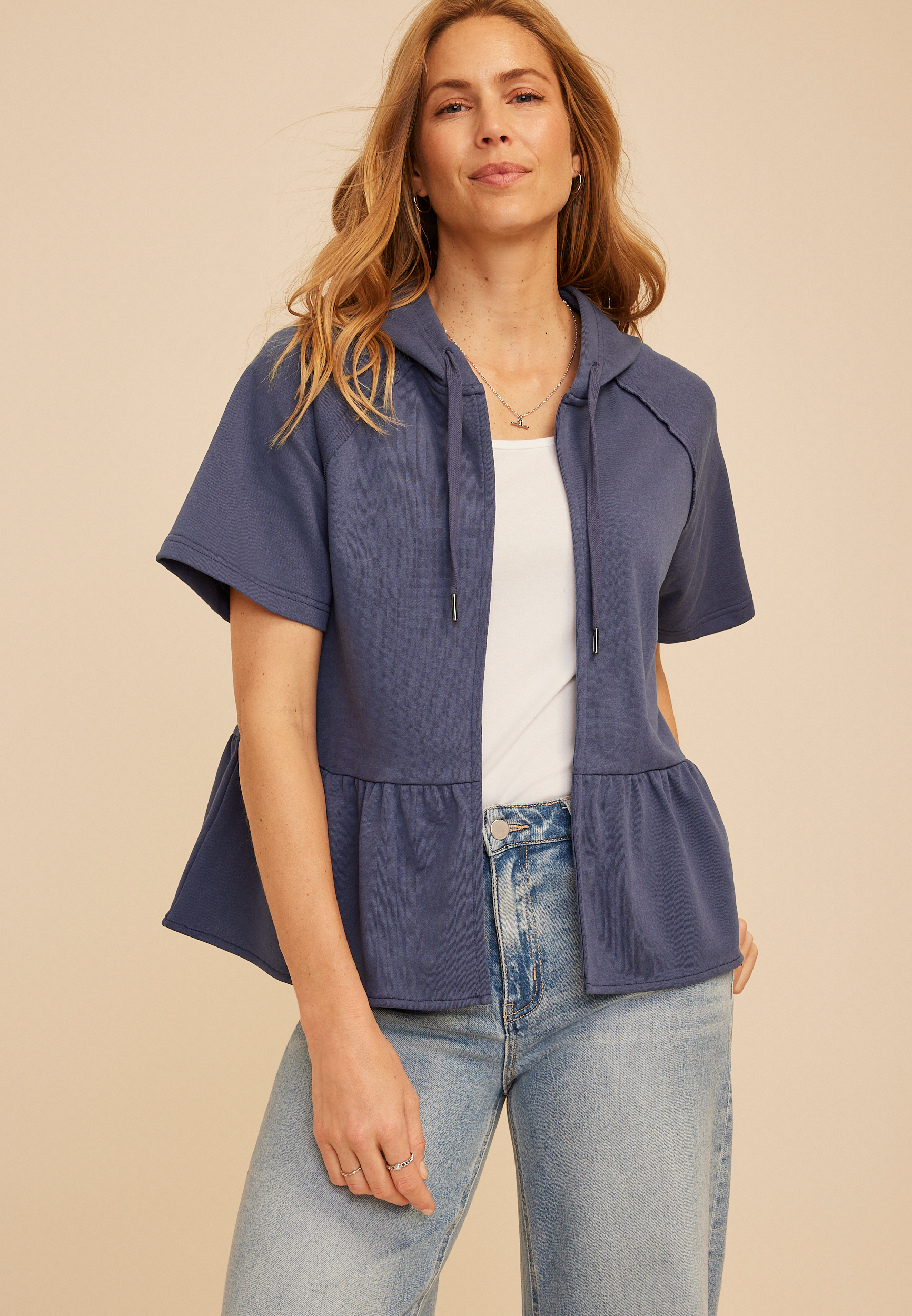 Short Sleeve Terry Hooded Cardigan, CROWN BLUE, large
