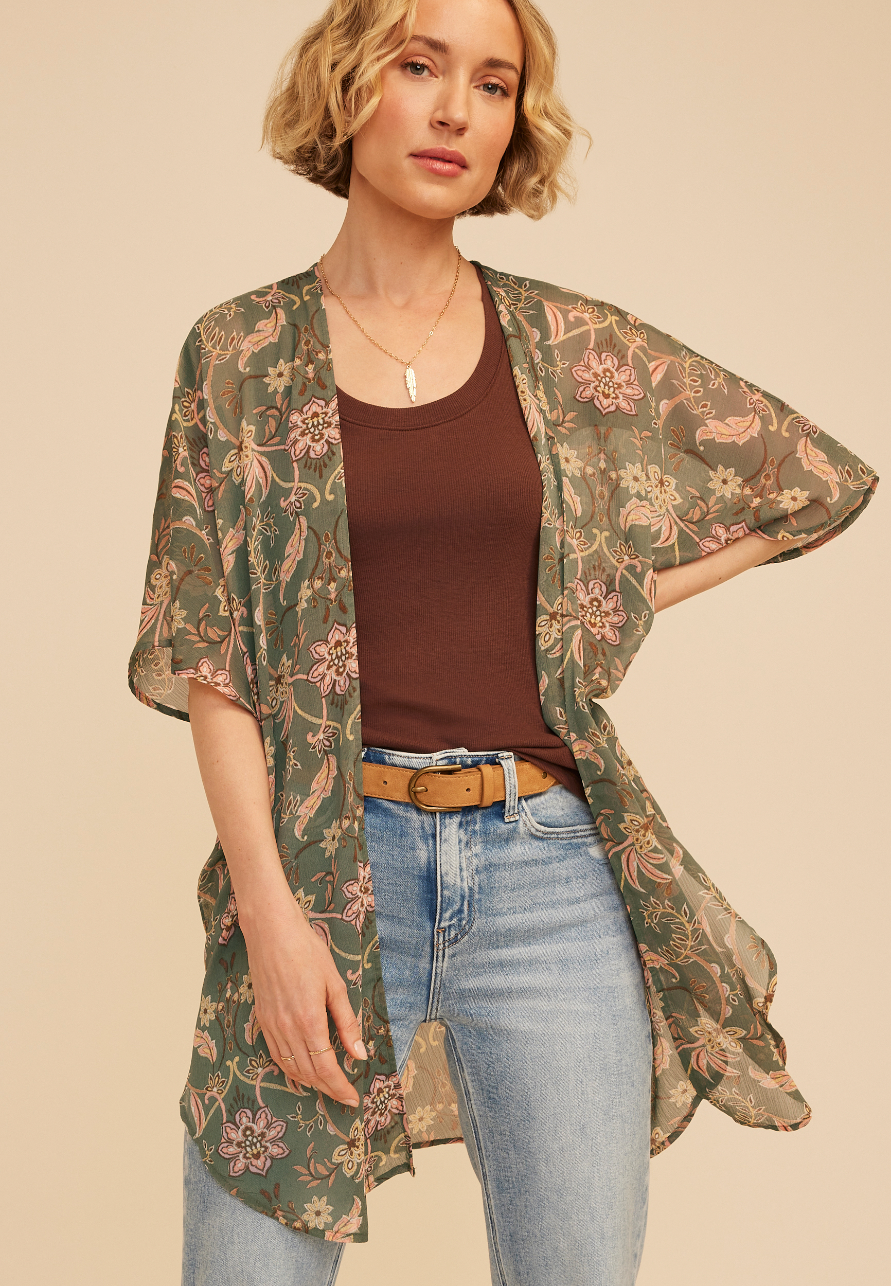 Floral Curve Hem Kimono