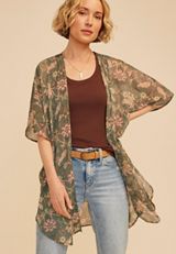 Floral Curve Hem Kimono, DUCK GREEN, small