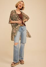 Floral Curve Hem Kimono, DUCK GREEN, small