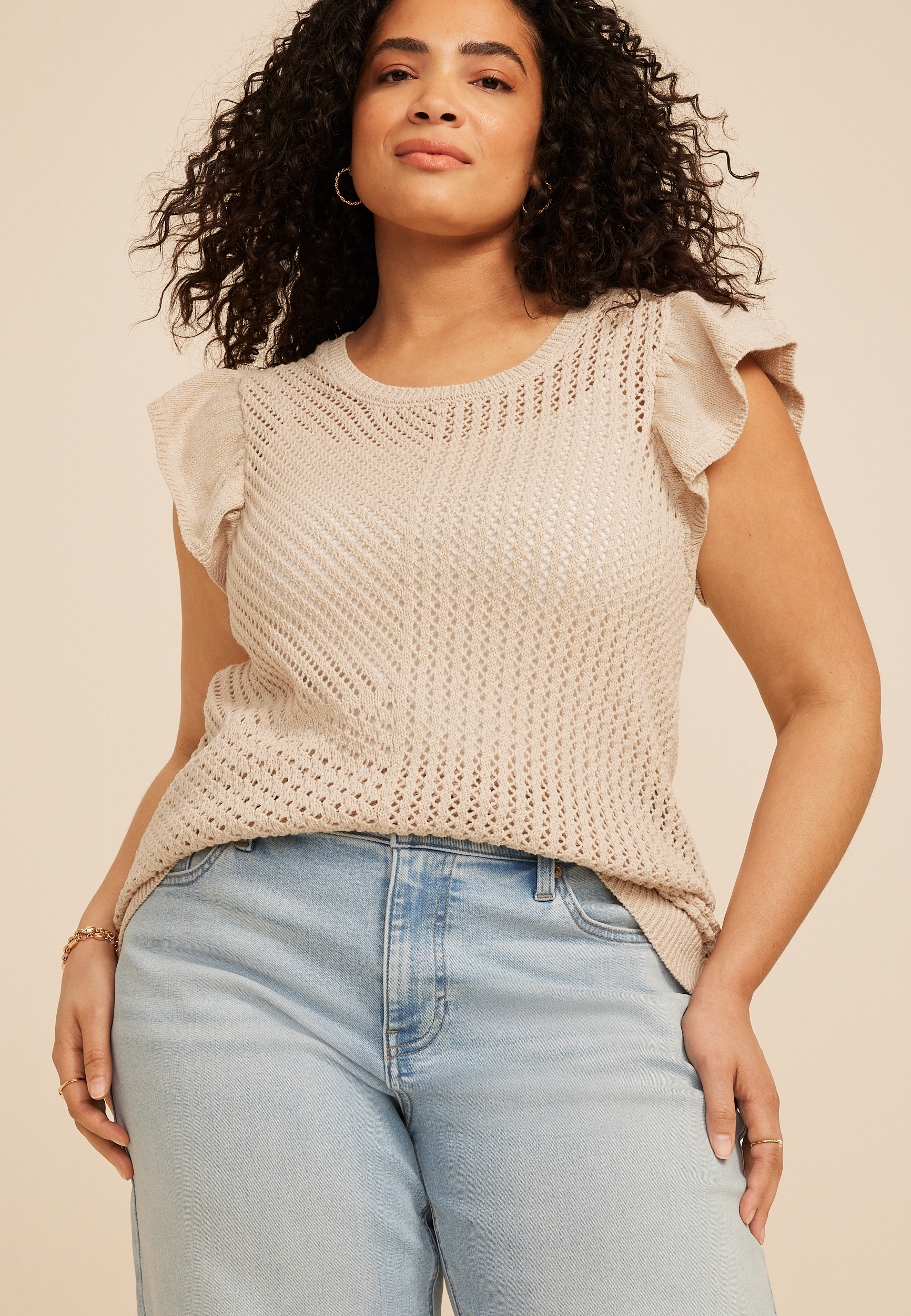 Plus Size Metallic Flutter Sleeve Sweater Top