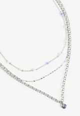 Silver Blue Bead Faux Pearl Layered Necklace Set, SILVER, small