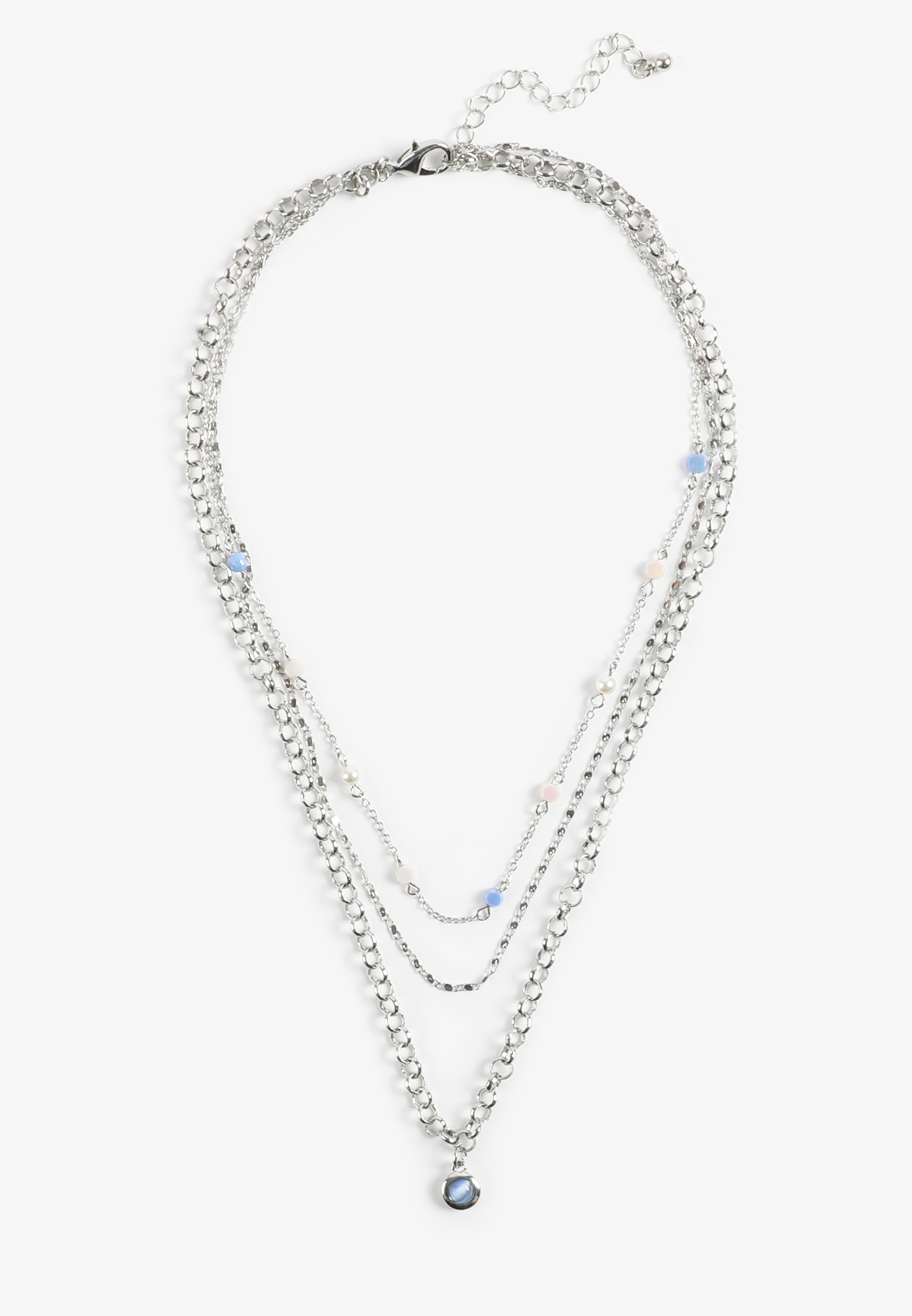 Silver Blue Bead Faux Pearl Layered Necklace Set, SILVER, large