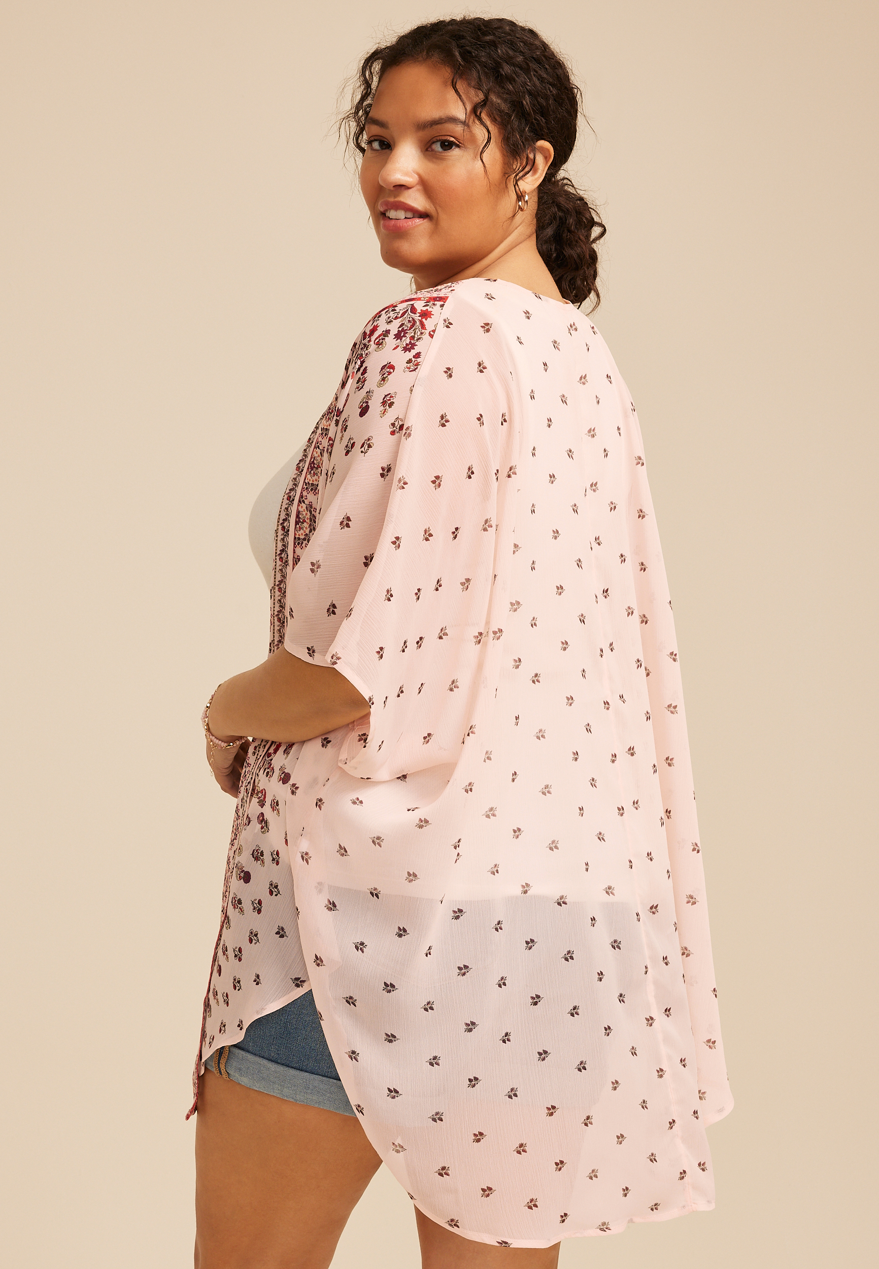 Plus Size Floral Border Print Kimono, C8145, large