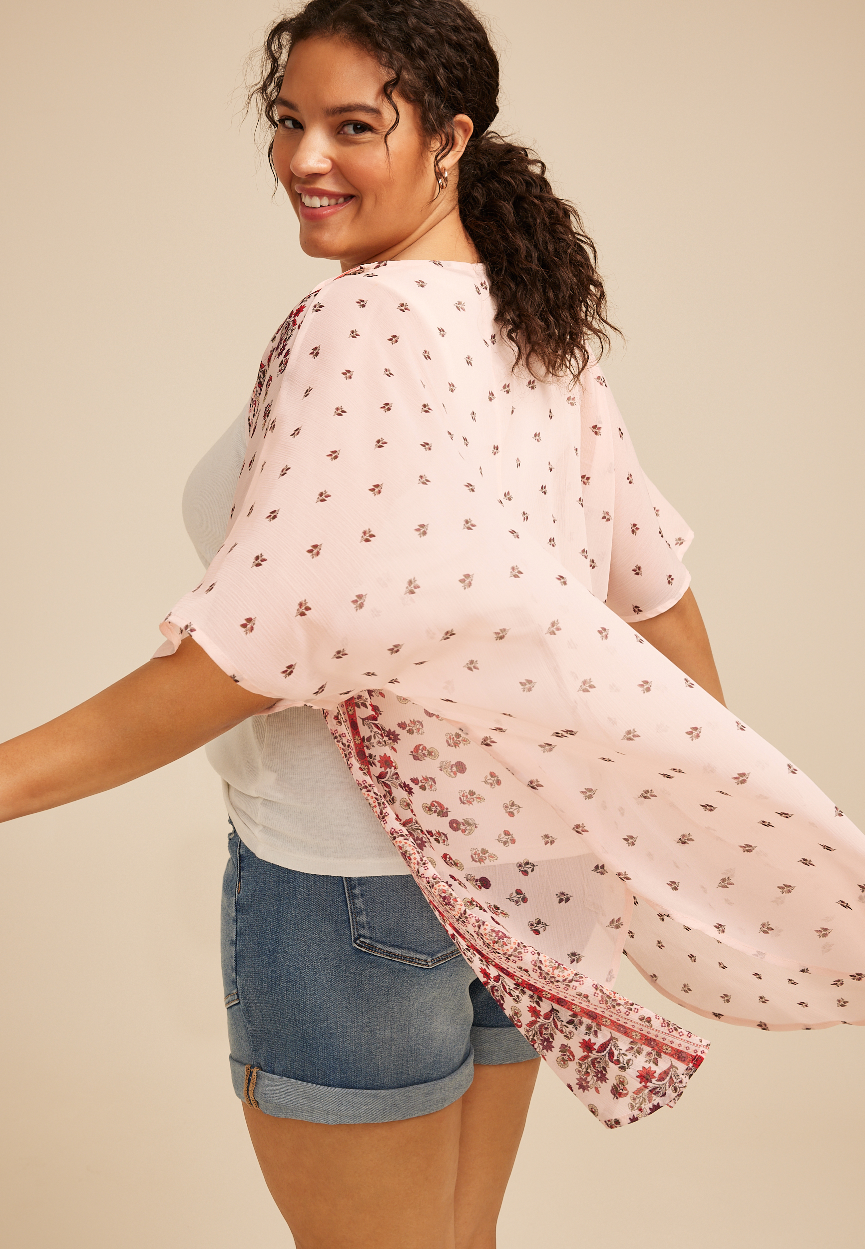 Plus Size Floral Border Print Kimono, C8145, large