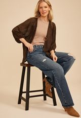 Crochet Blouson Sleeve Open Front Cardigan, COFFEE BEAN, small