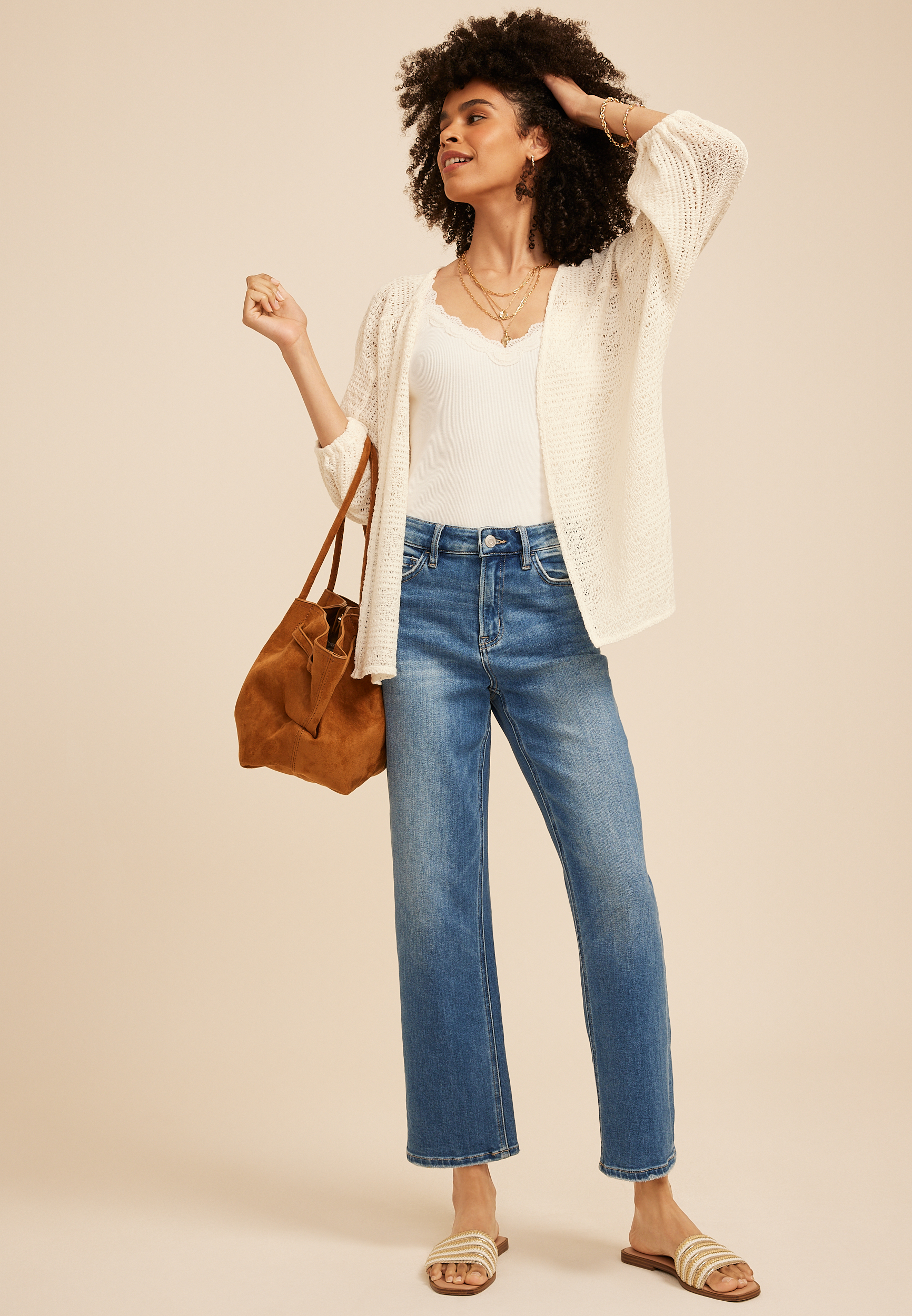 Crochet Blouson Sleeve Open Front Cardigan