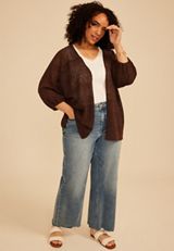 Plus Size Crochet Blouson Sleeve Open Front Cardigan, COFFEE BEAN, small