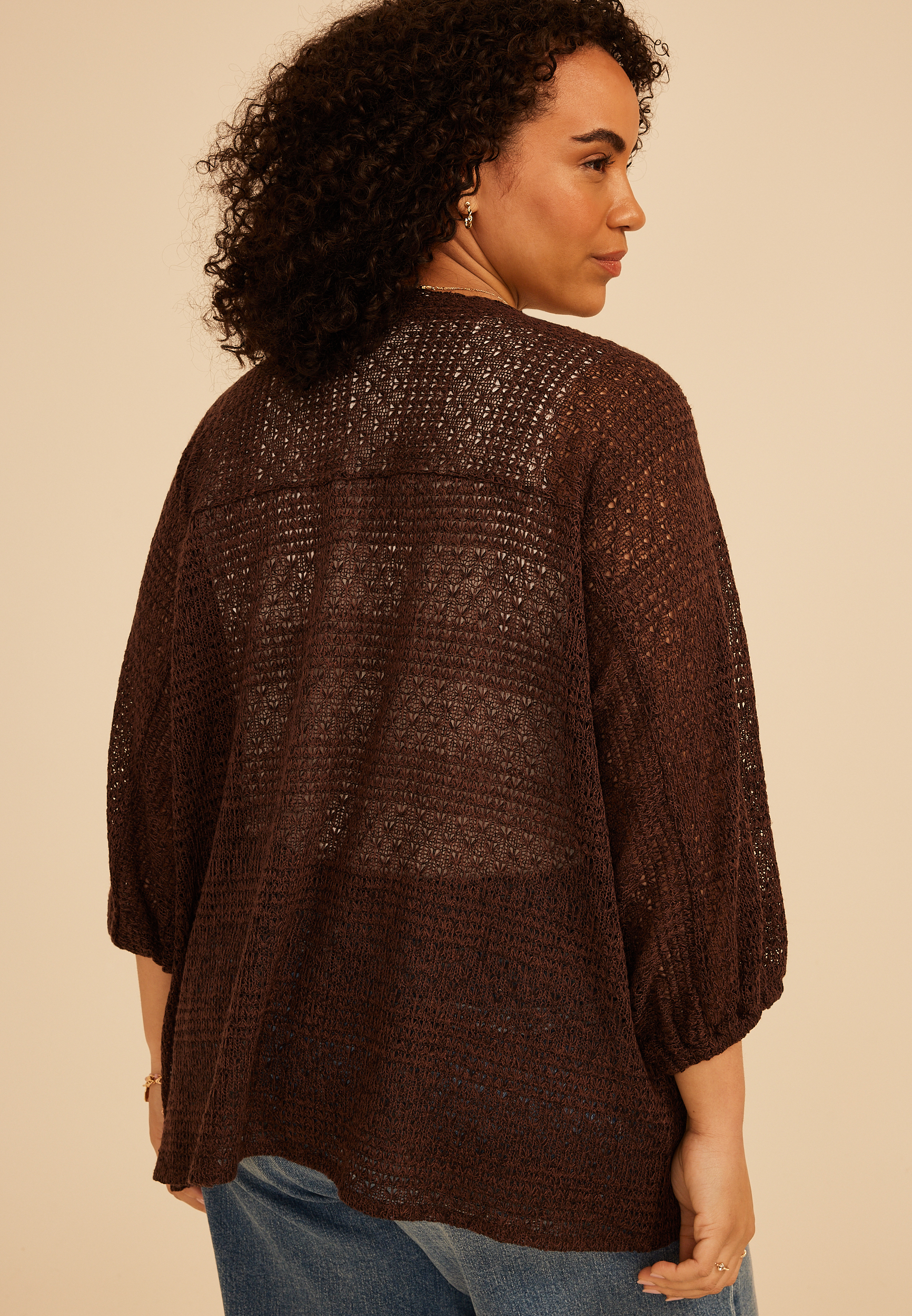 Plus Size Crochet Blouson Sleeve Open Front Cardigan, COFFEE BEAN, large