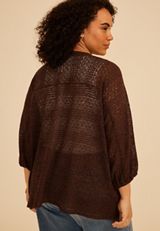 Plus Size Crochet Blouson Sleeve Open Front Cardigan, COFFEE BEAN, small