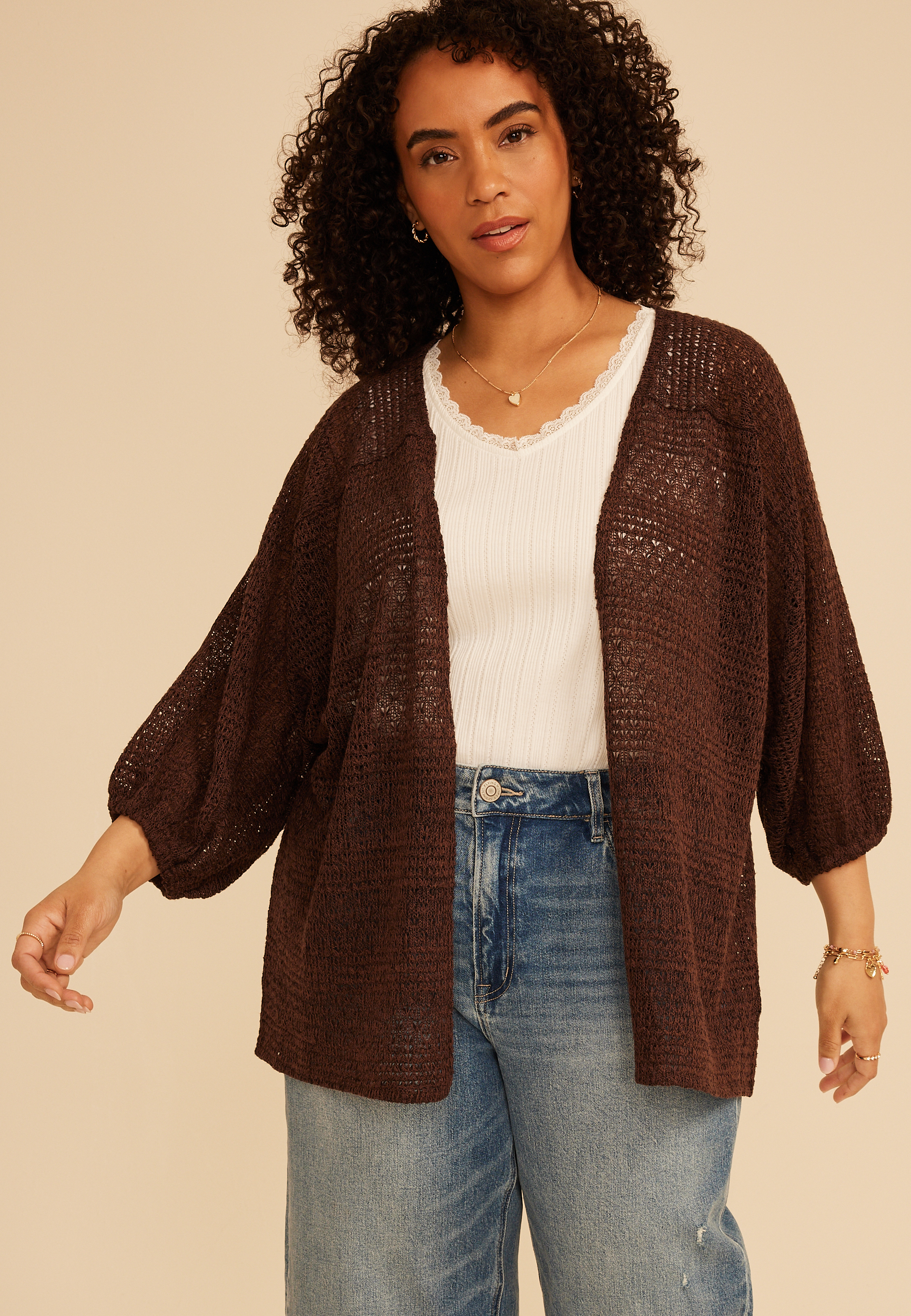 Plus Size Crochet Blouson Sleeve Open Front Cardigan | maurices
