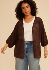 Plus Size Crochet Blouson Sleeve Open Front Cardigan, COFFEE BEAN, small