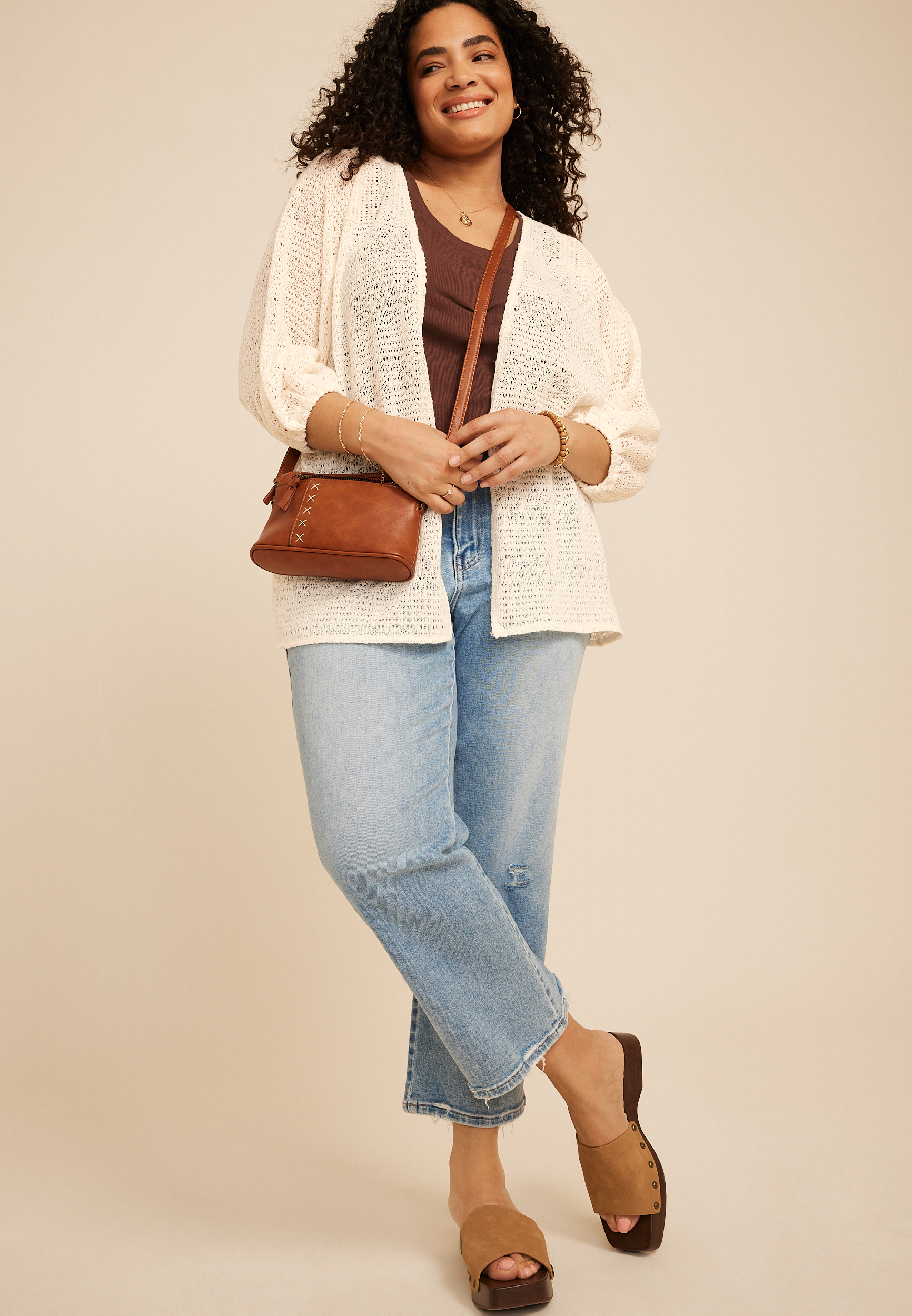 Plus Size Crochet Blouson Sleeve Open Front Cardigan