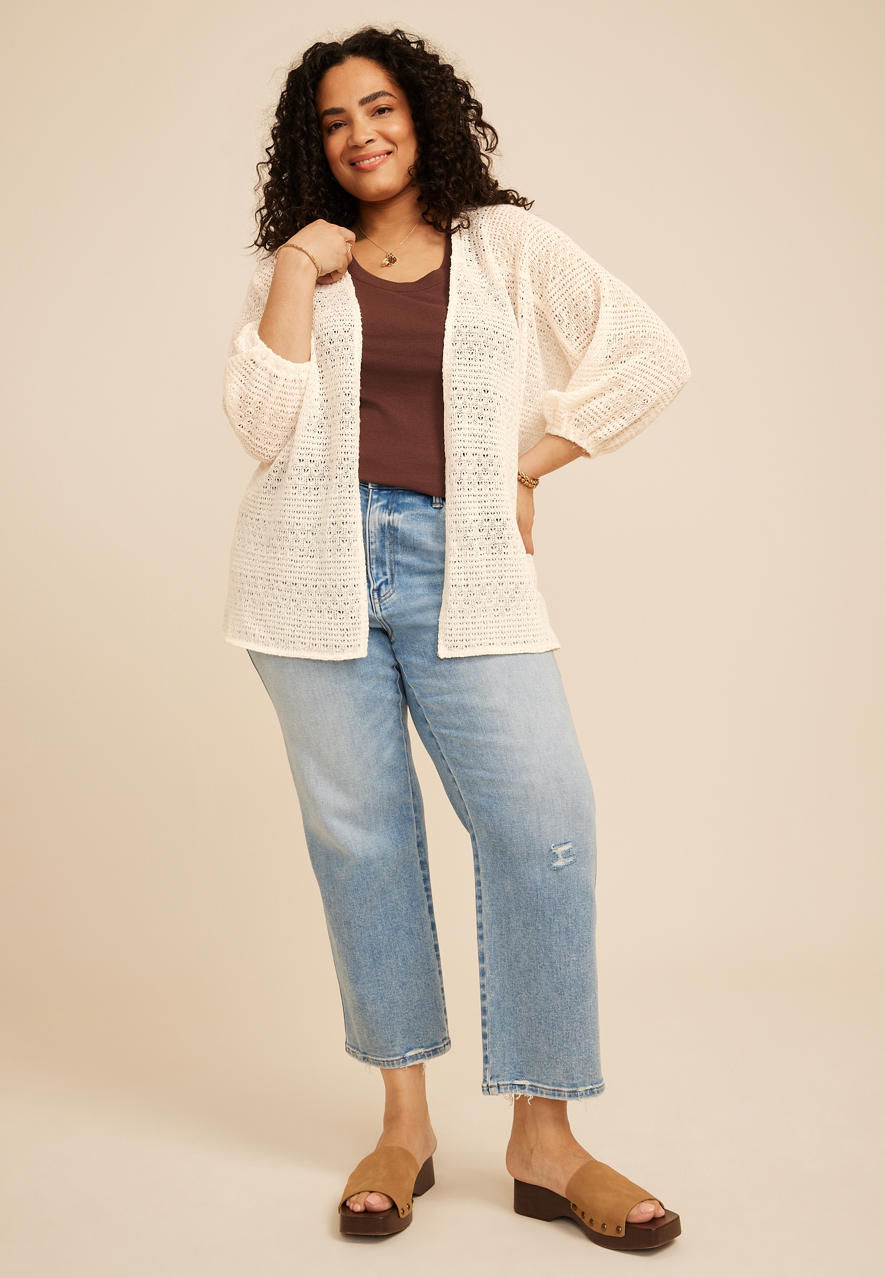 Plus Size Crochet Blouson Sleeve Open Front Cardigan | maurices