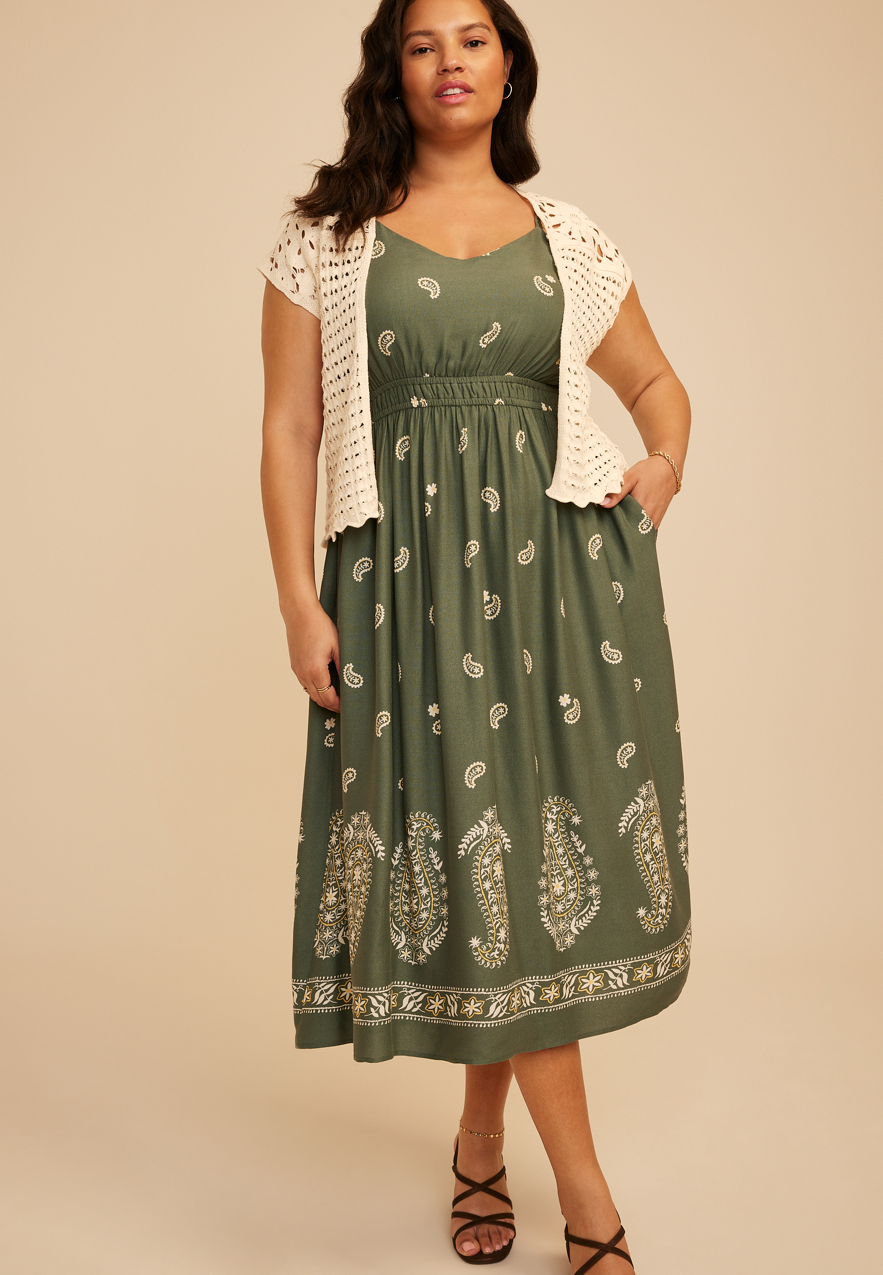 Plus Size Crochet Open Front Dress Cardigan, NATURAL, large