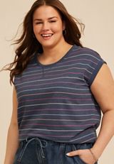 Plus Size Washed Terry Striped Short Sleeve Tee, CHARCOAL BLUE COMBO, small