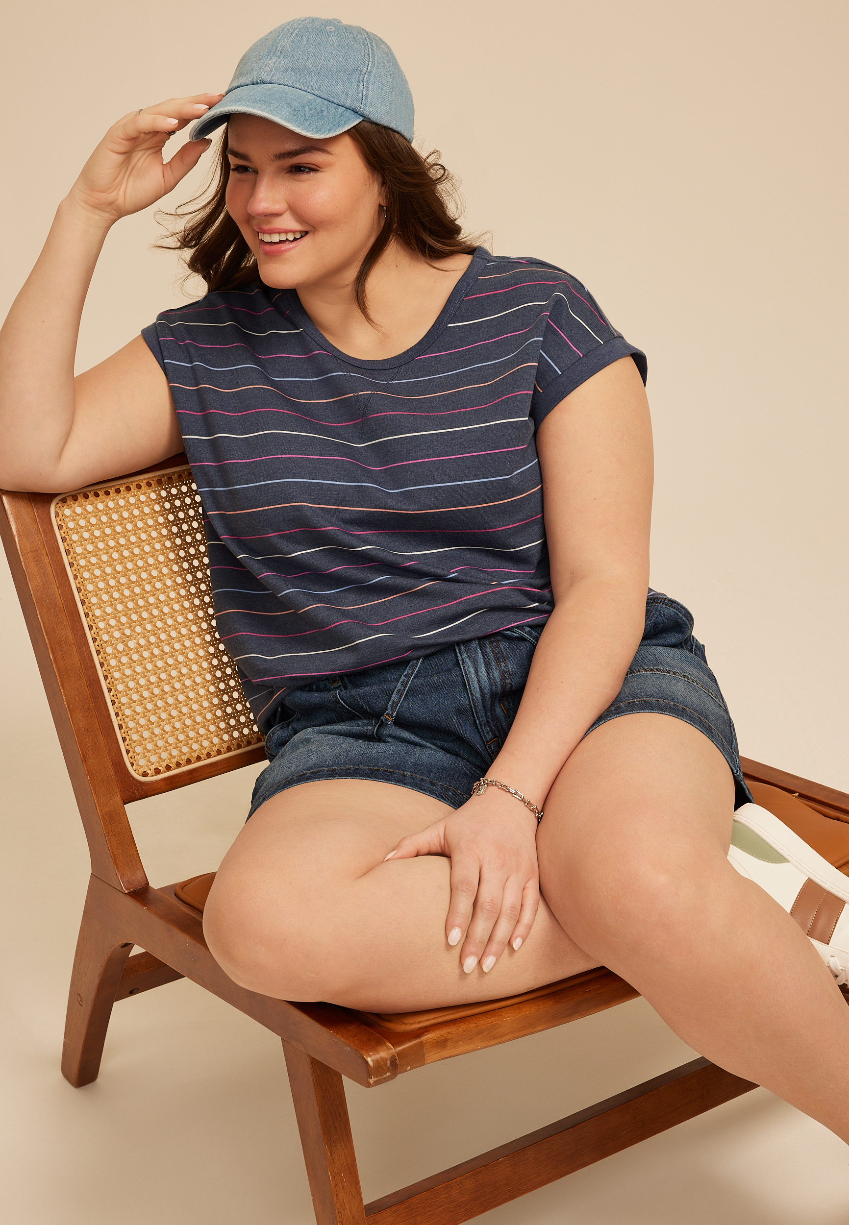 Plus Size Washed Terry Striped Short Sleeve Tee, CHARCOAL BLUE COMBO, large