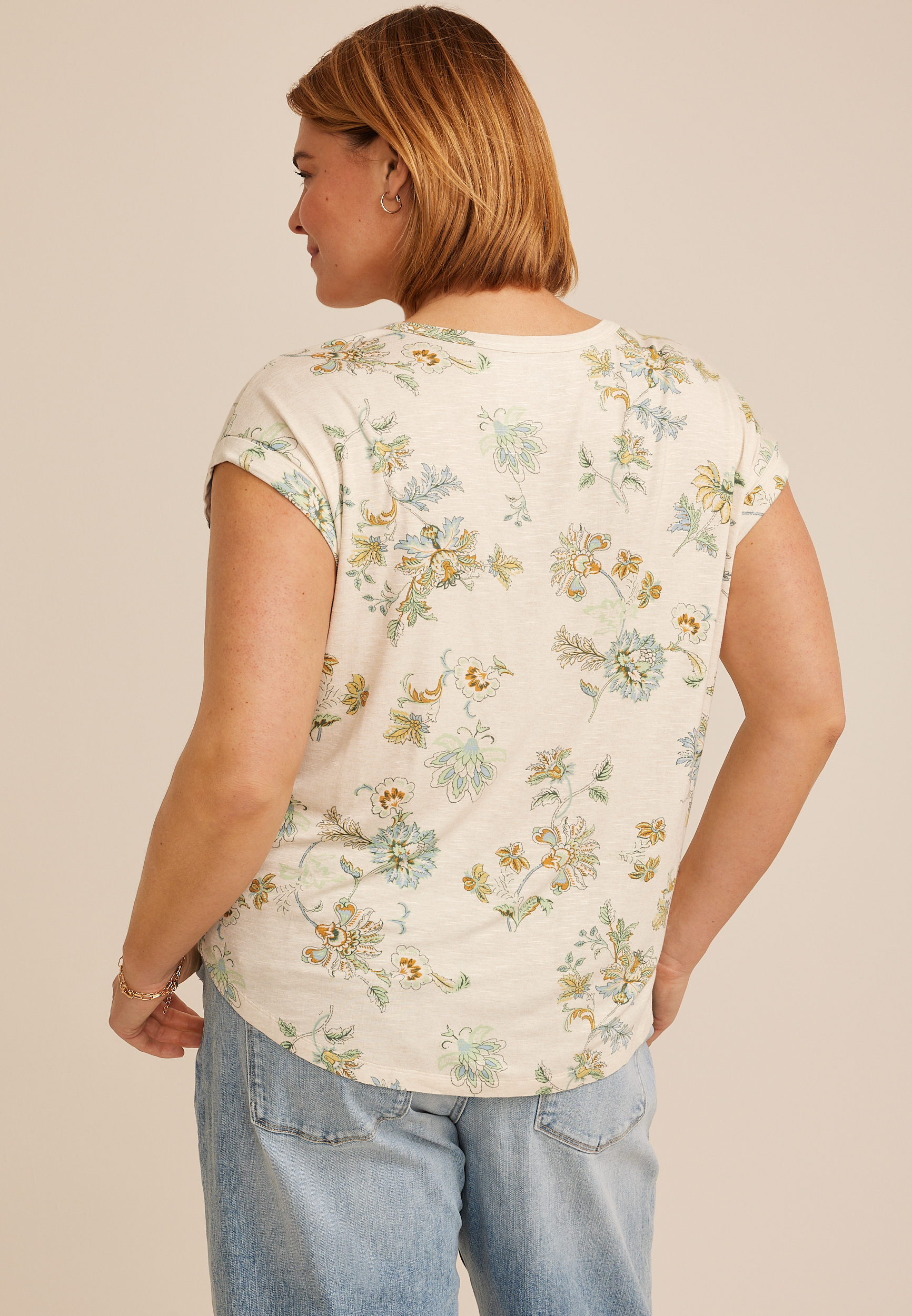 Plus Size 24/7 Clara Floral Tee, LIGHT OATMEAL HEATHR CMBO, large