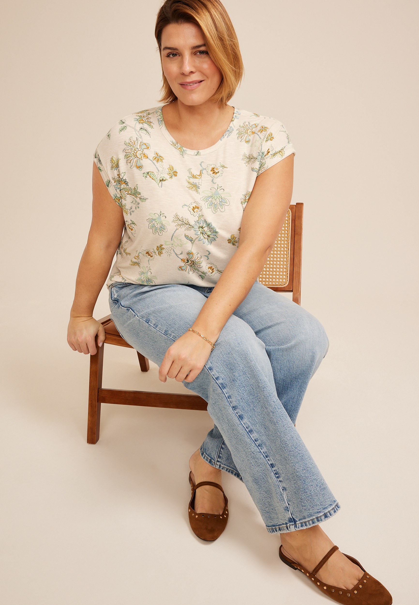 Plus Size 24/7 Clara Floral Tee, LIGHT OATMEAL HEATHR CMBO, large