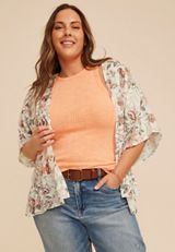 Plus Size Floral Jacquard Open Front Kimono, GARDENIA COMBO, small