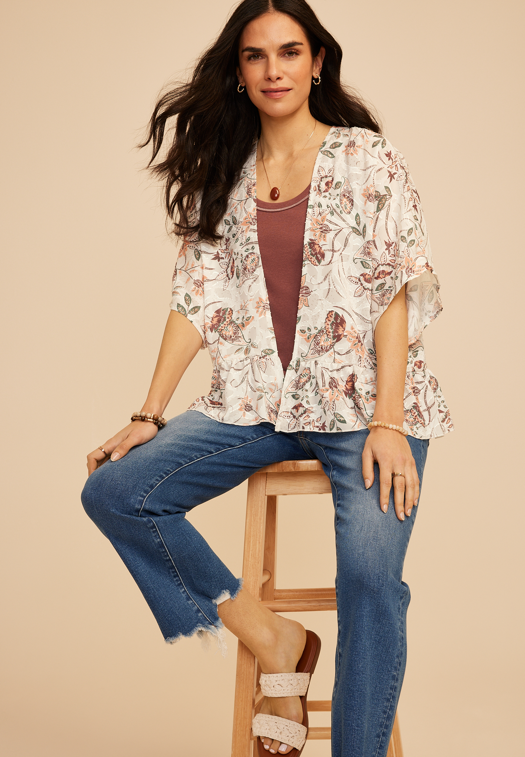 Floral Jacquard Open Front Kimono