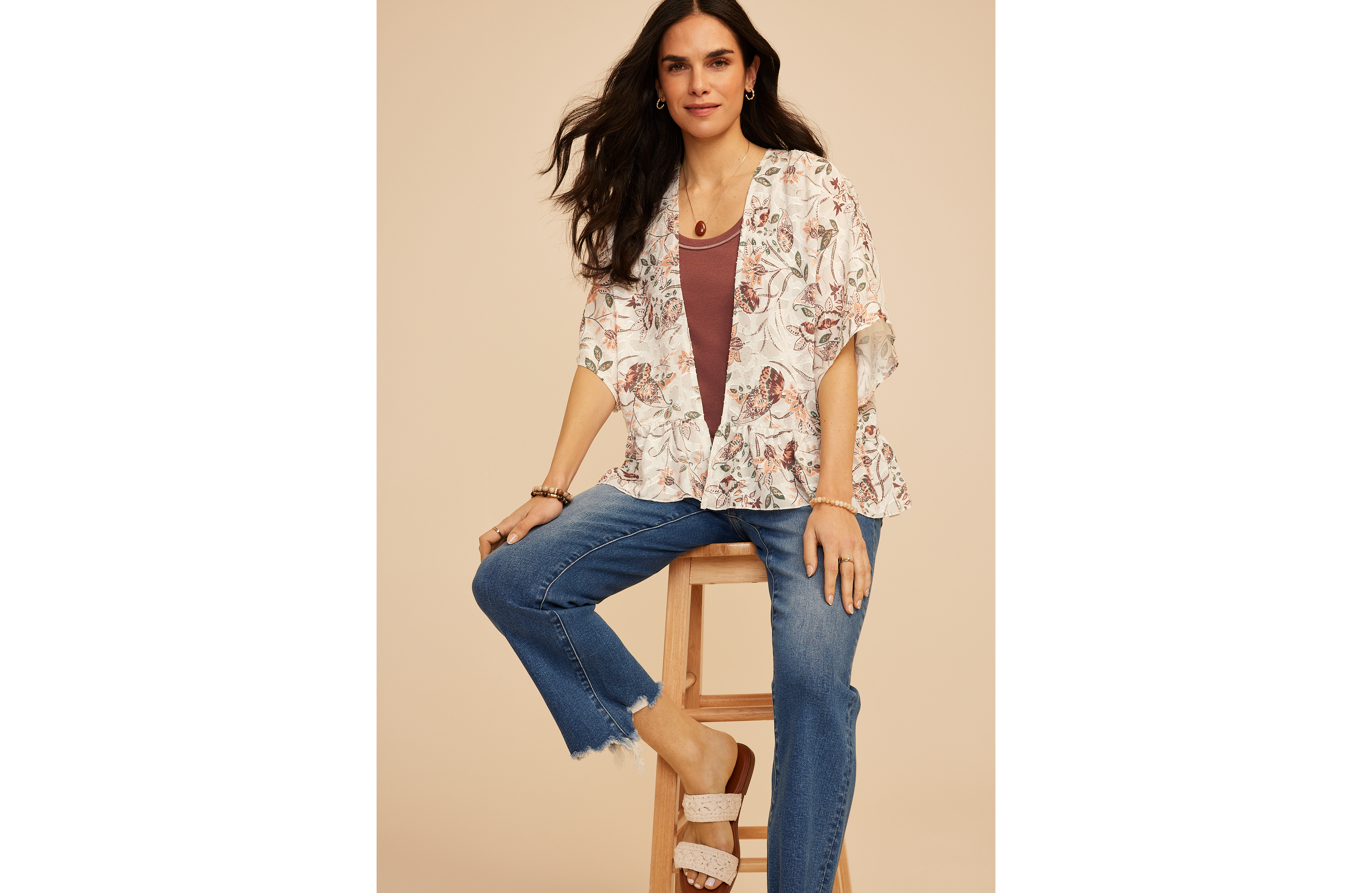 Floral Jacquard Open Front Kimono