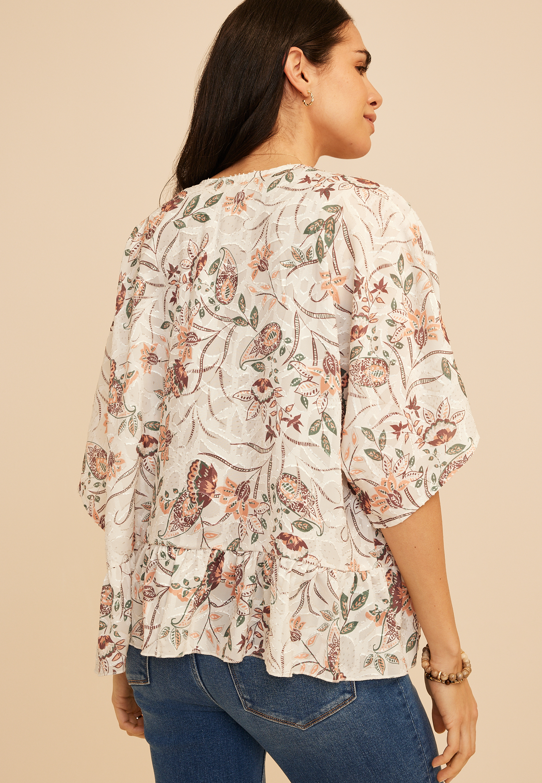 Floral Jacquard Open Front Kimono, C5487, large