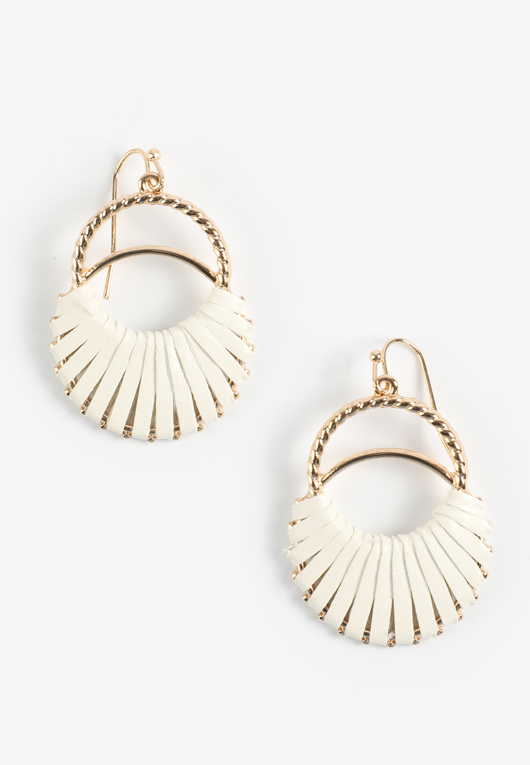 Cream Faux Leather Wrapped Double Hoop Drop Earrings