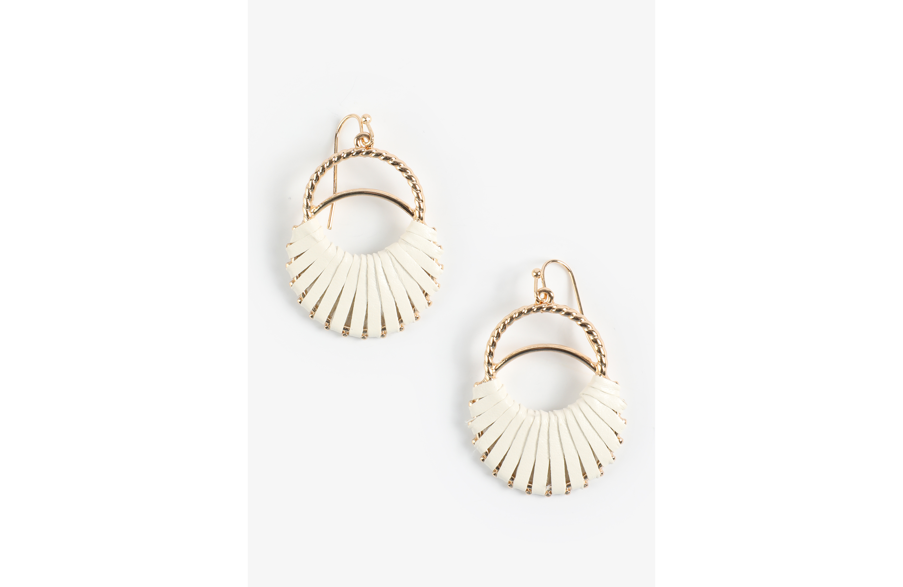 Cream Faux Leather Wrapped Double Hoop Drop Earrings