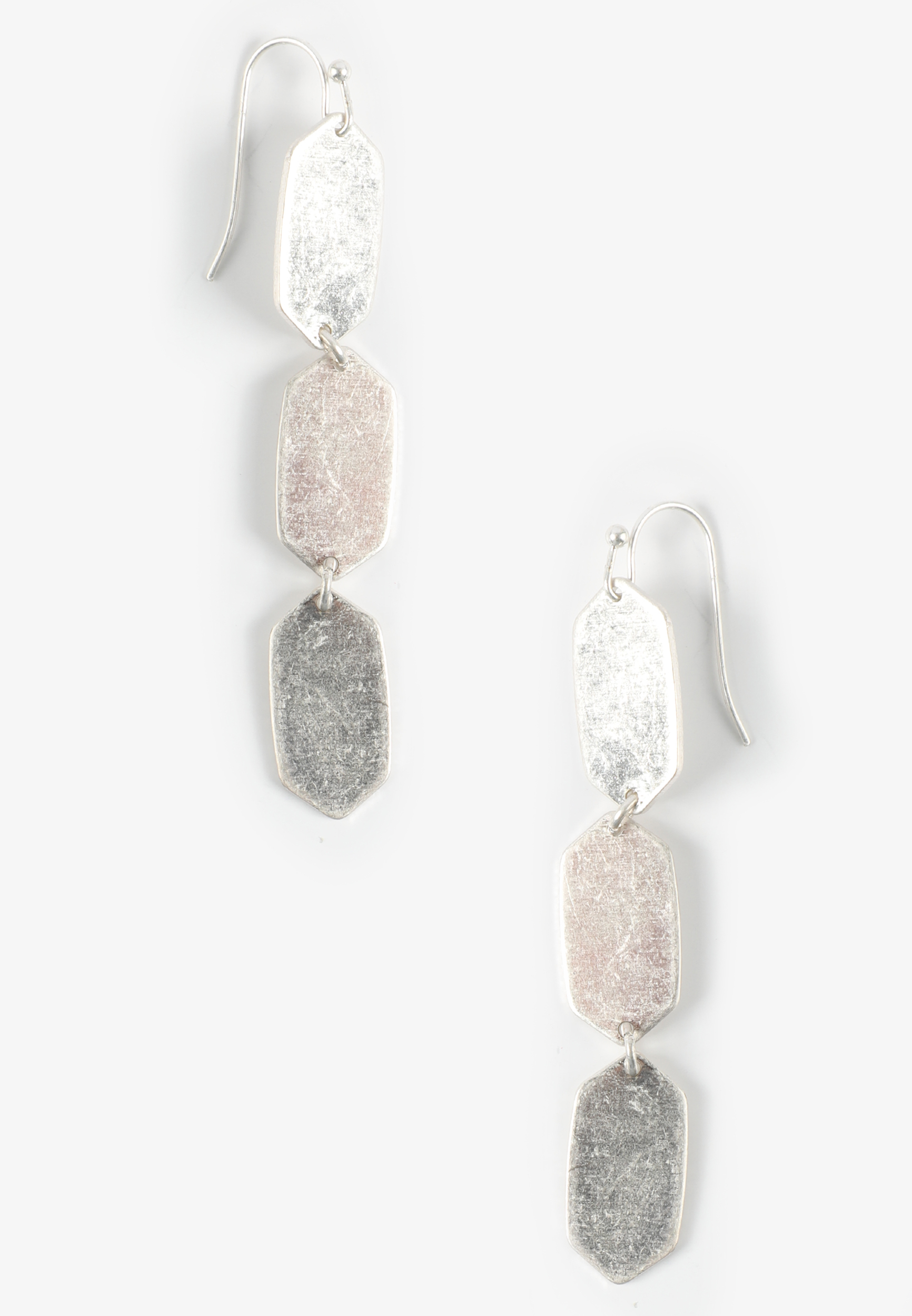 Brushed Silver Hexagon Triple Drop Earrings