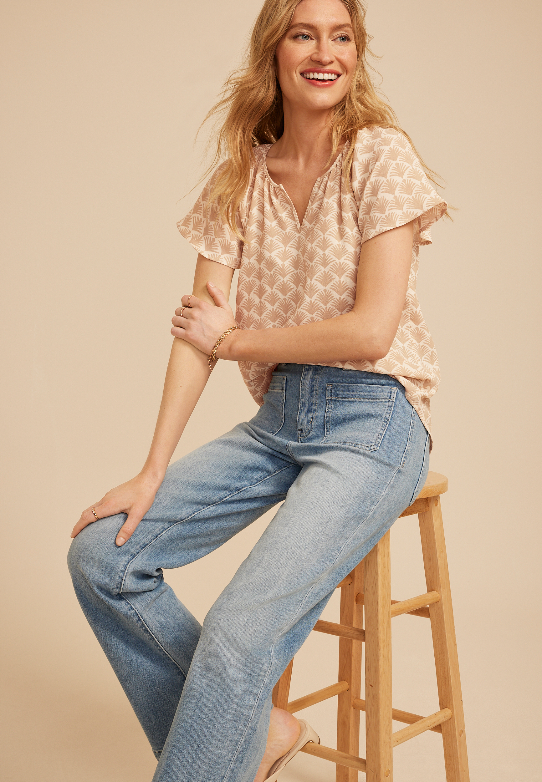 Deco Fan Notch Neck Flutter Sleeve Blouse