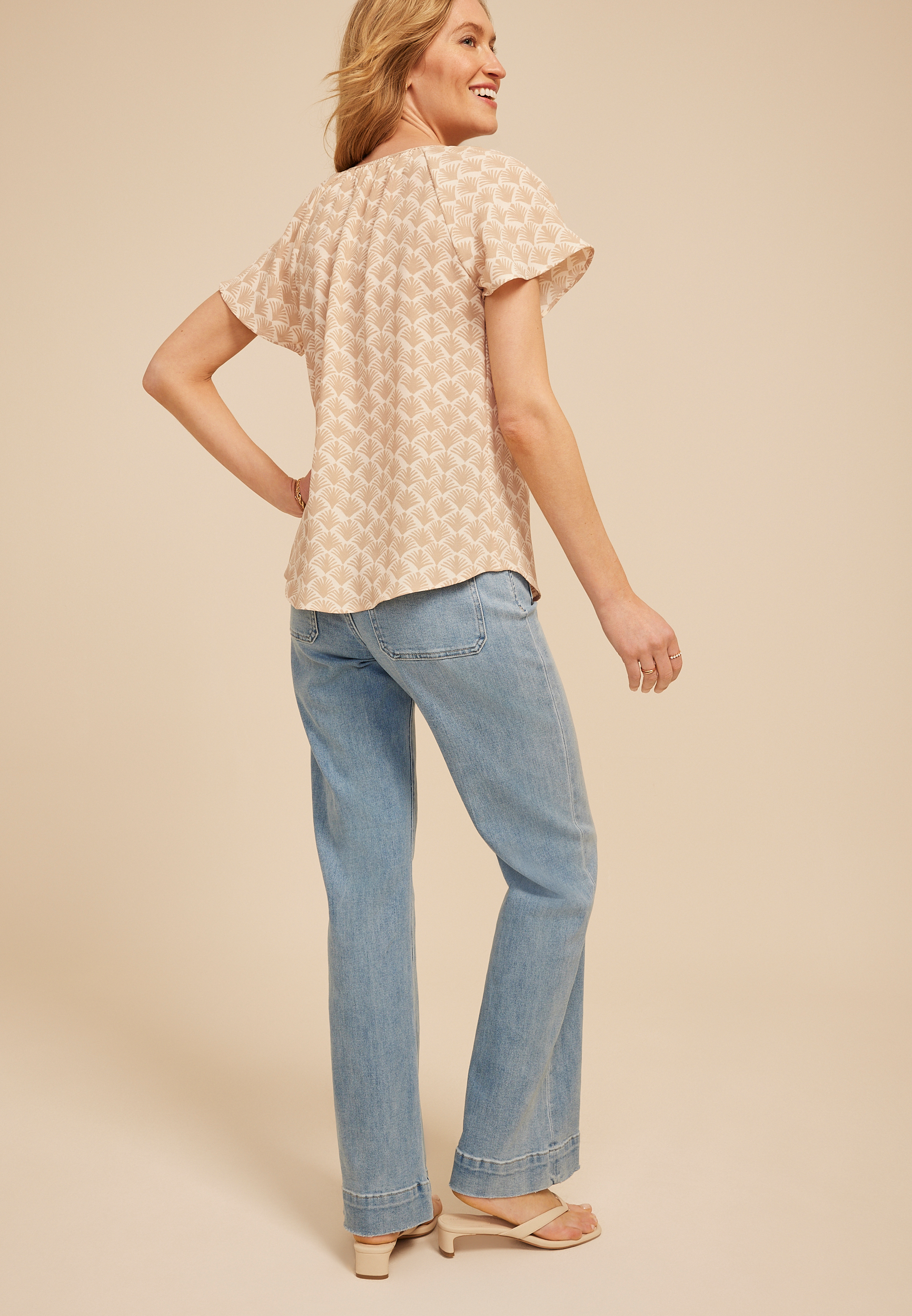 Deco Fan Notch Neck Flutter Sleeve Blouse, C8582, large