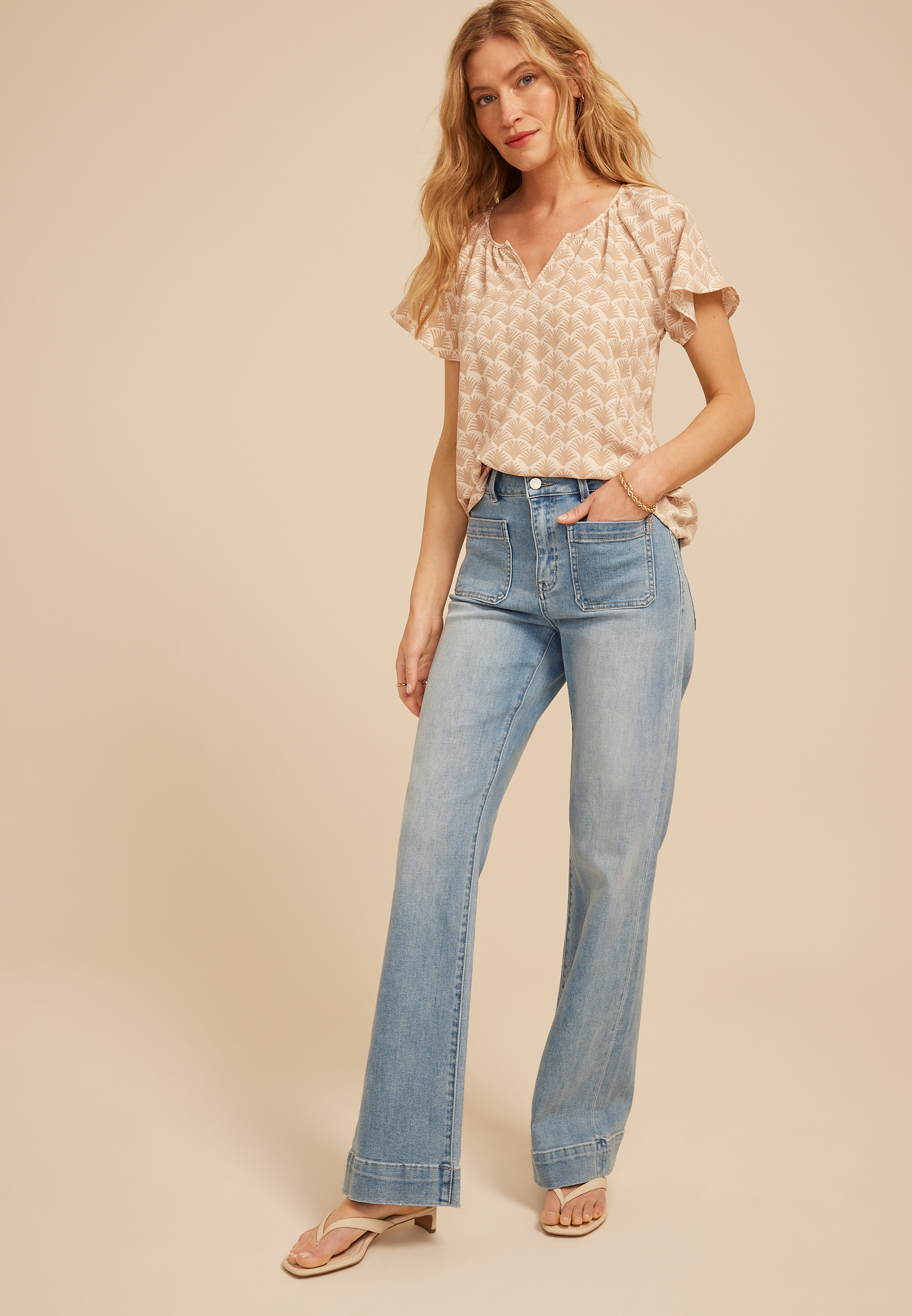Deco Fan Notch Neck Flutter Sleeve Blouse, C8582, large