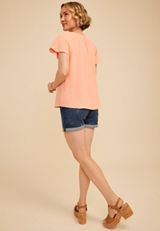Coral Notch Neck Flutter Sleeve Blouse, CORAL PINK, small
