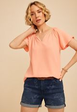 Coral Notch Neck Flutter Sleeve Blouse, CORAL PINK, small