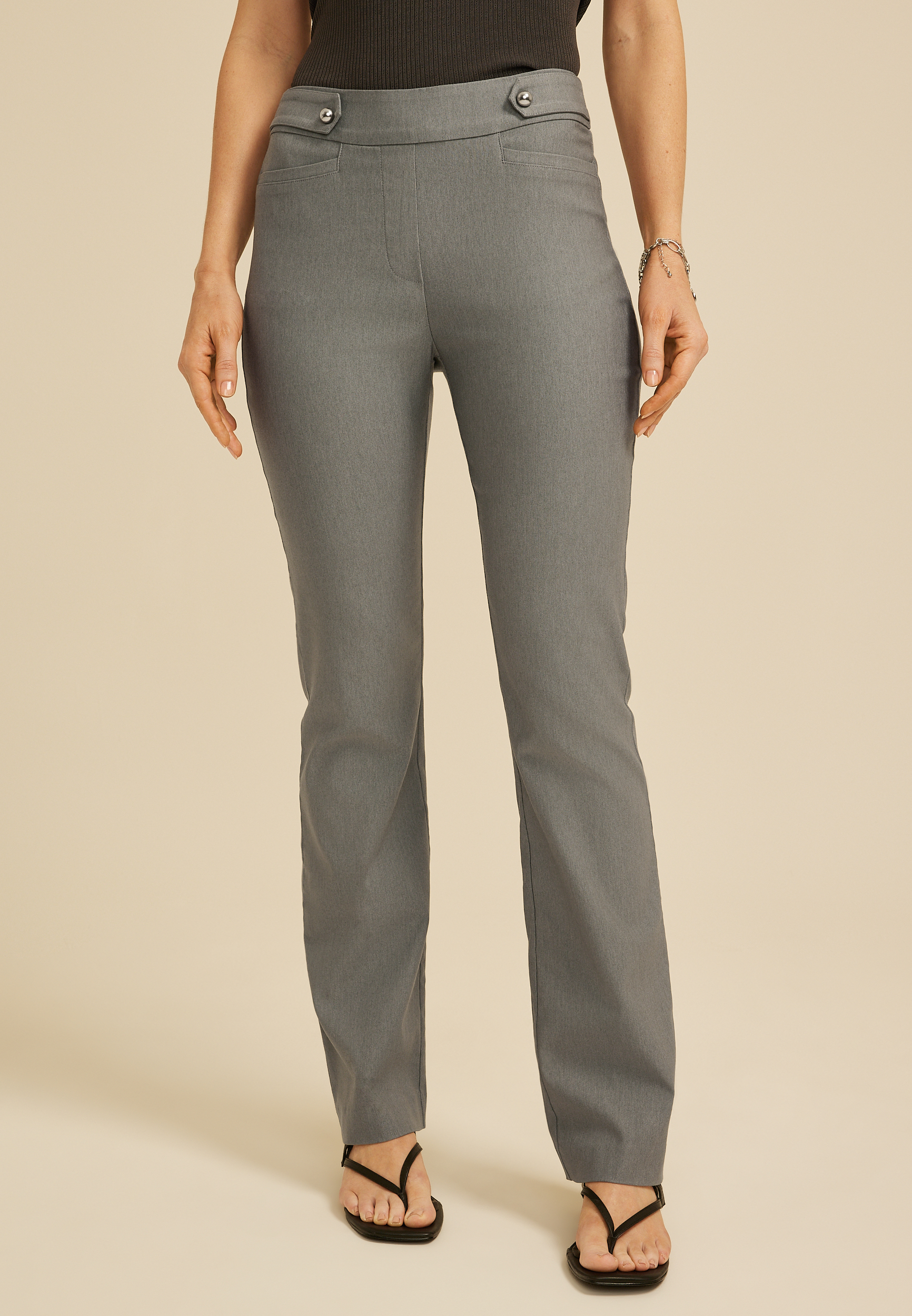 Sateen Bengaline Button Tab High Rise Bootcut Pant