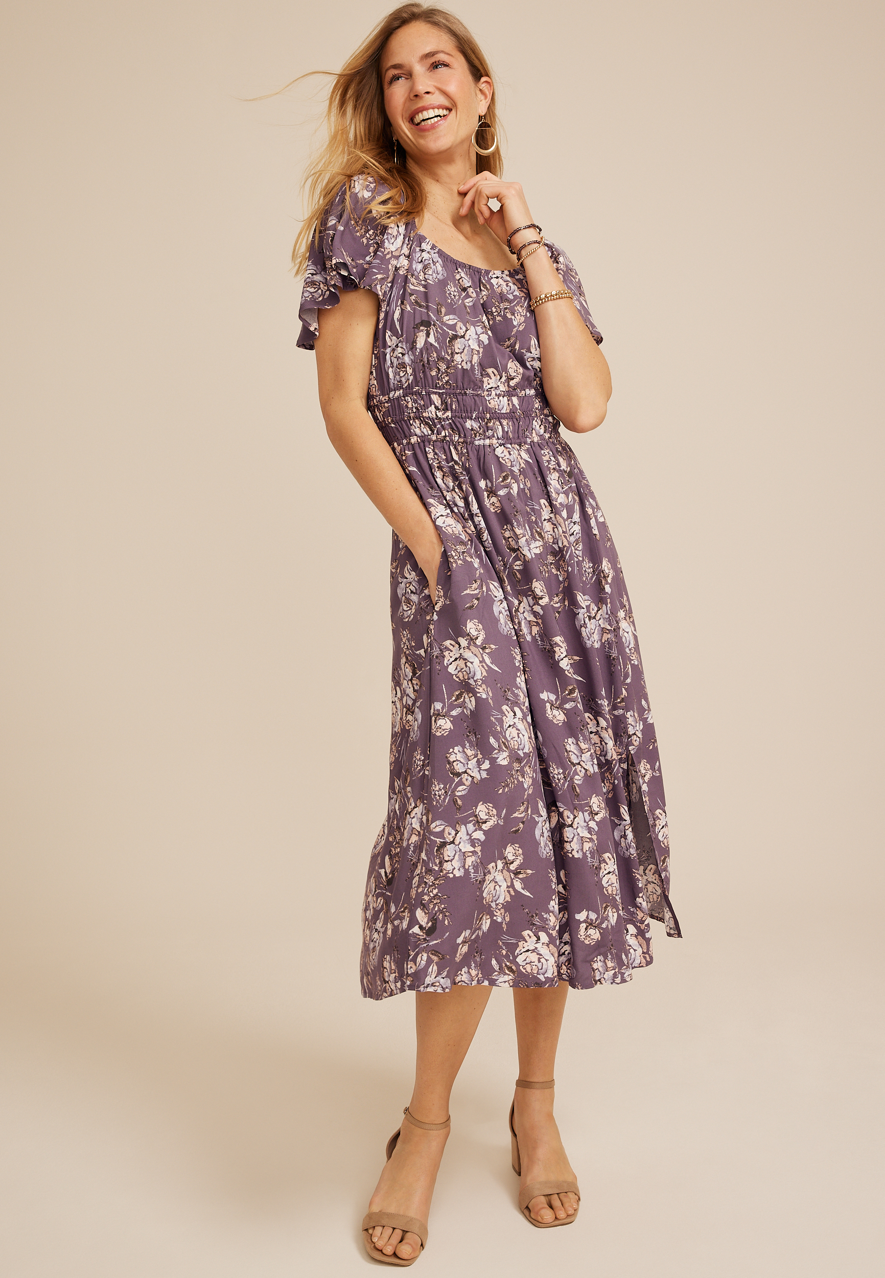 Floral Flutter Sleeve Pocket Midi Dress