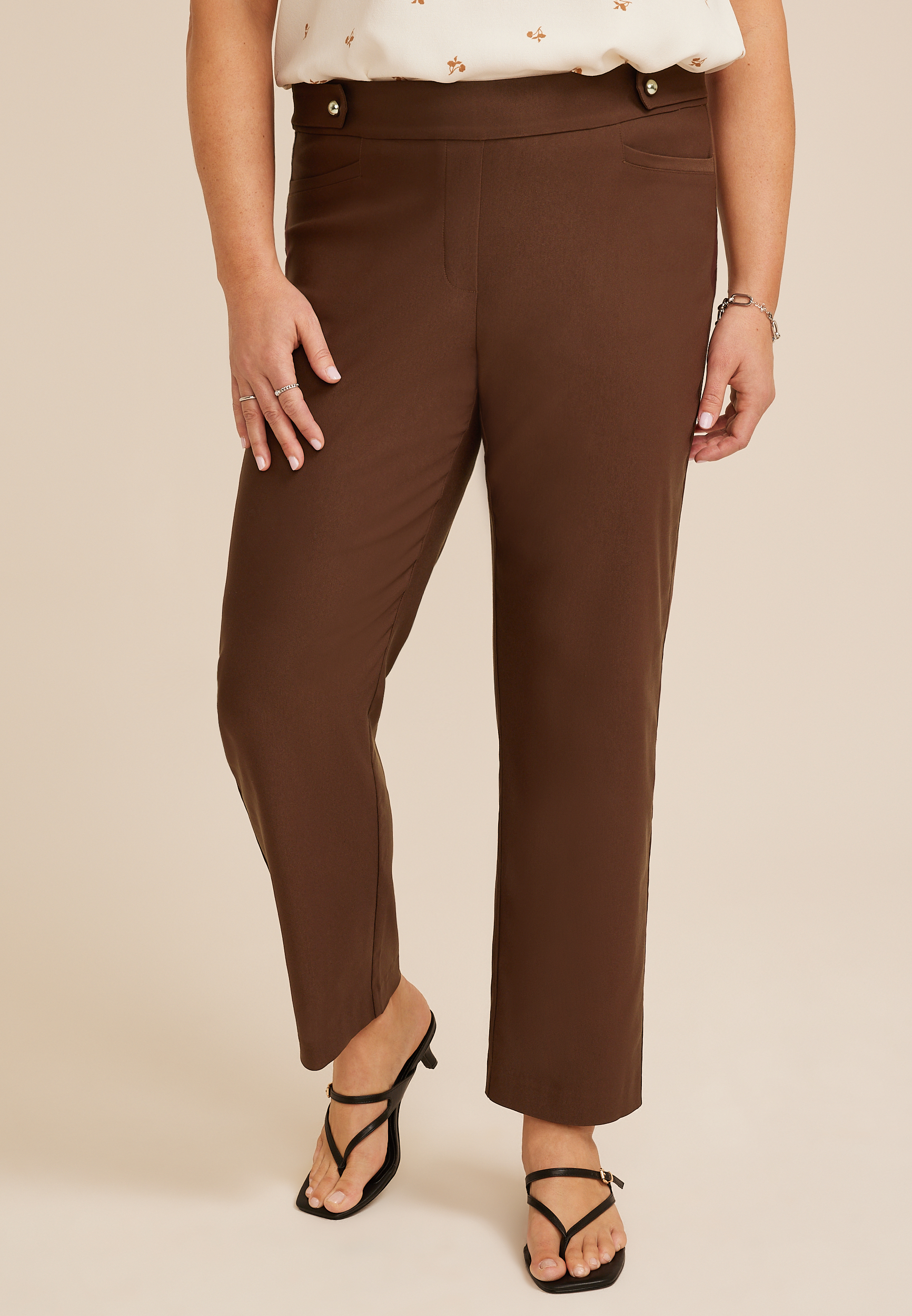 Plus Size Sateen Bengaline Button Tab High Rise Straight Pant