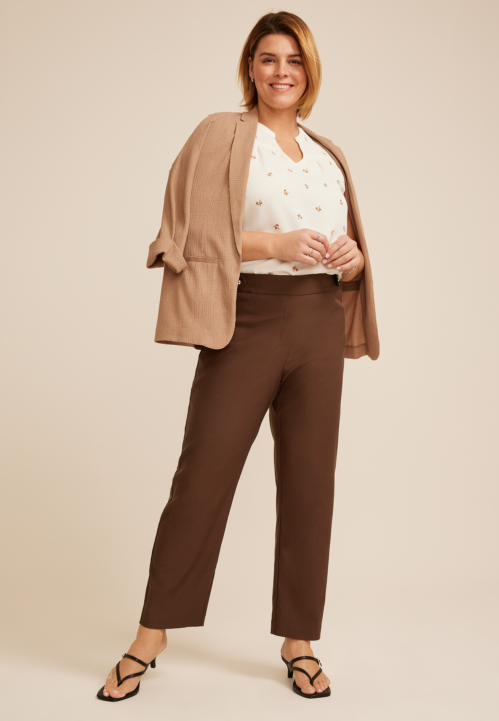 Plus Size Sateen Bengaline Button Tab High Rise Straight Pant, C6058, large